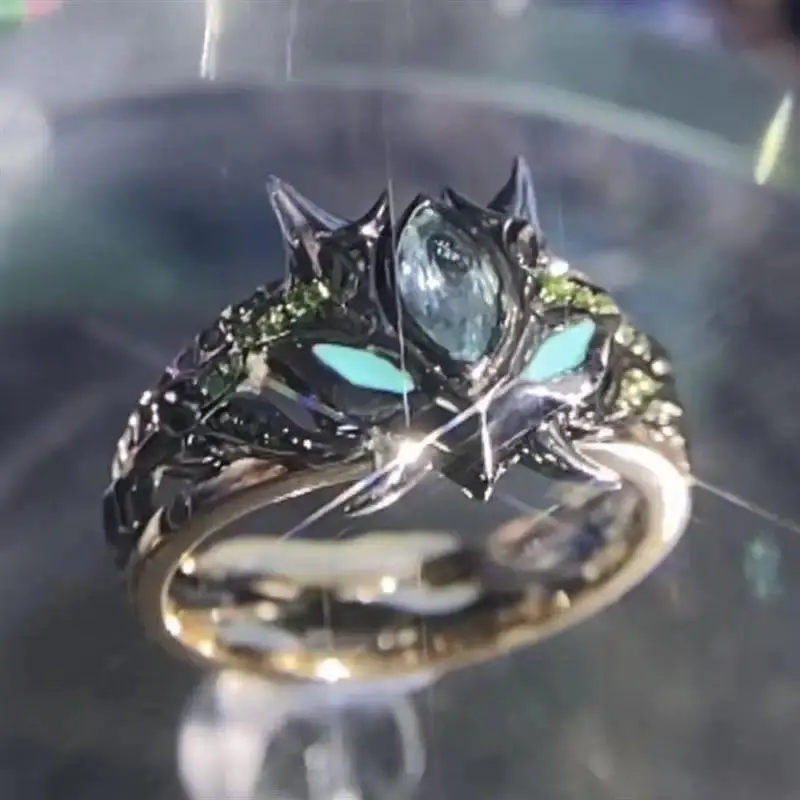 Vintage Silver Anime Character Ring with Blue Gem, Adjustable Open Band Costume Jewelry for Cosplay, Engagement Accessory