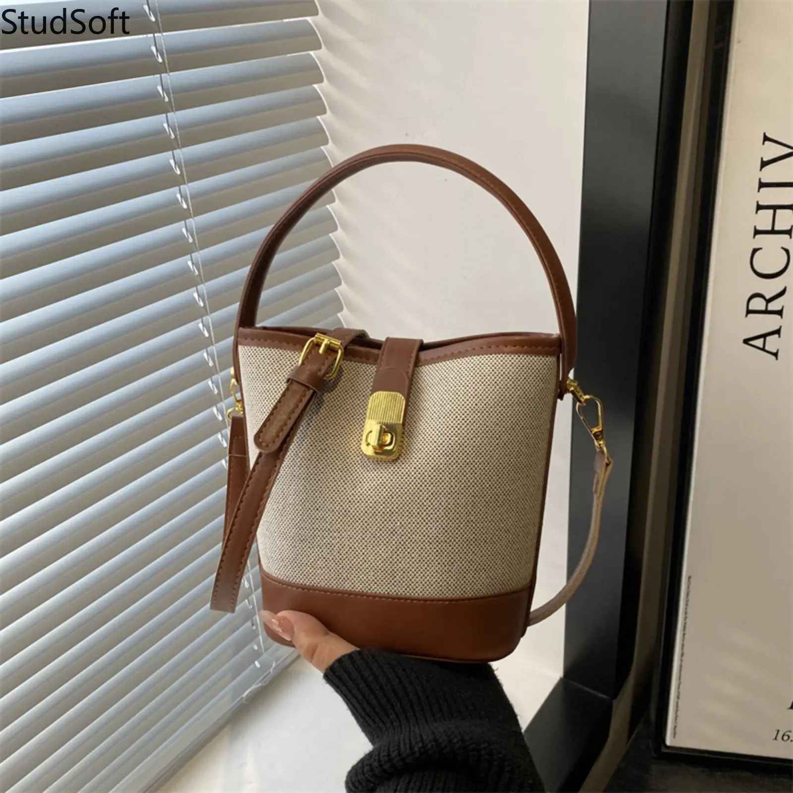 Women's Vintage Canvas Leather Stitch Detail Bucket Bag - Fashionable Turn Lock Crossbody Bag, Top Handle Satchel for Summer Vacation (Sports & Outdoor Rainwear Companion)