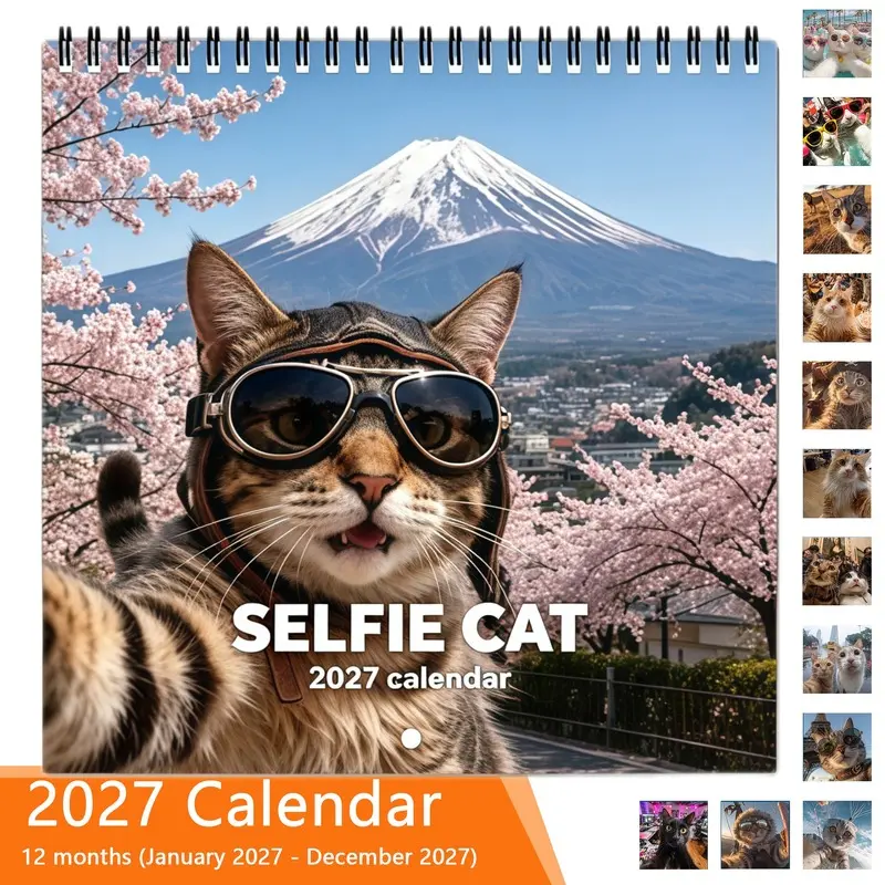 2027 Calendar Planner - Cute Cat Selfie Design, 12-month layout (January to December), suitable for home and office use, a cute and interesting aesthetic style calendar