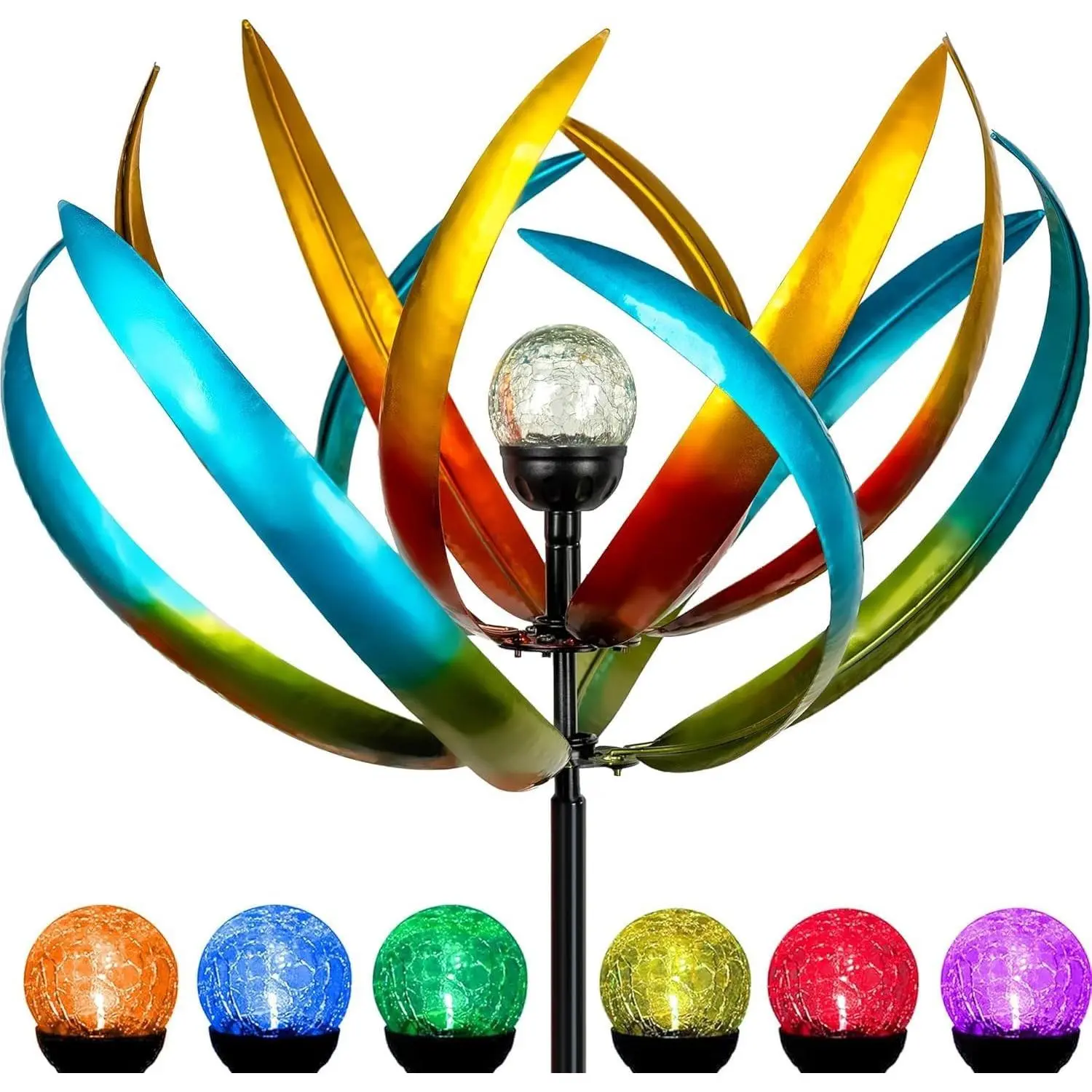 83" Large Solar Wind Spinner Outdoor - Metal Tulip Flower Sculpture with Multi-Color LED Glass Ball - Waterproof Kinetic Yard Art for Garden Lawn Patio, Mother’s Day Birthday Gardening Gifts