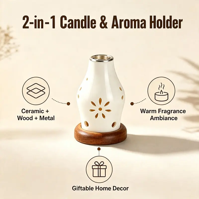 2-In-1 Ceramic Aroma Holder with Wooden Base, Hollow Carving Incense Diffuser, Portable Desktop Scent Burner, Cozy Room Decor, Holiday Gift