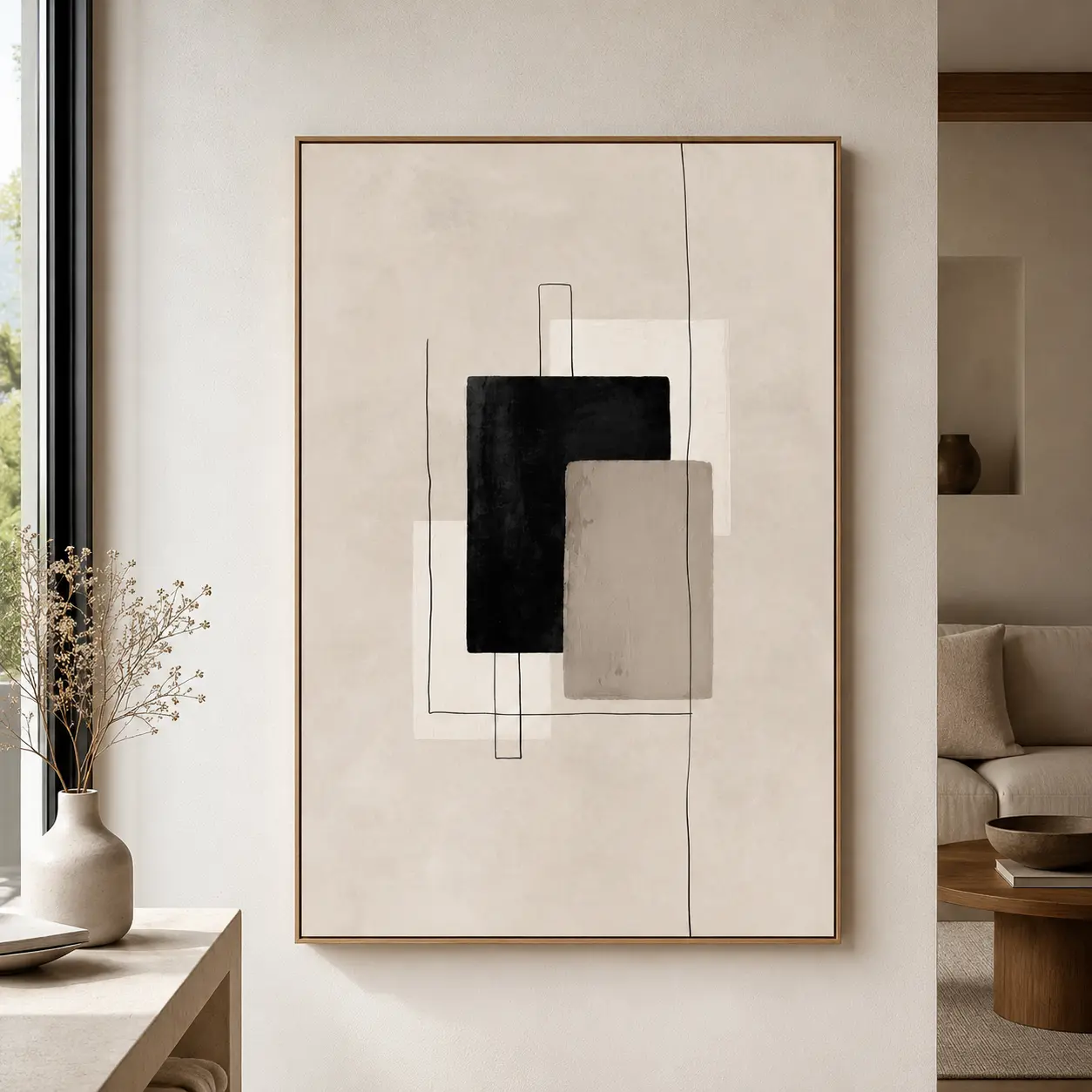 Neutral Abstract Wall Art Poster for Living Room, Black and Beige Modern Canvas Prints Paintings Artwork for Walls, Minimalist Block Lines Pictures for Hallway Office Wall Decor