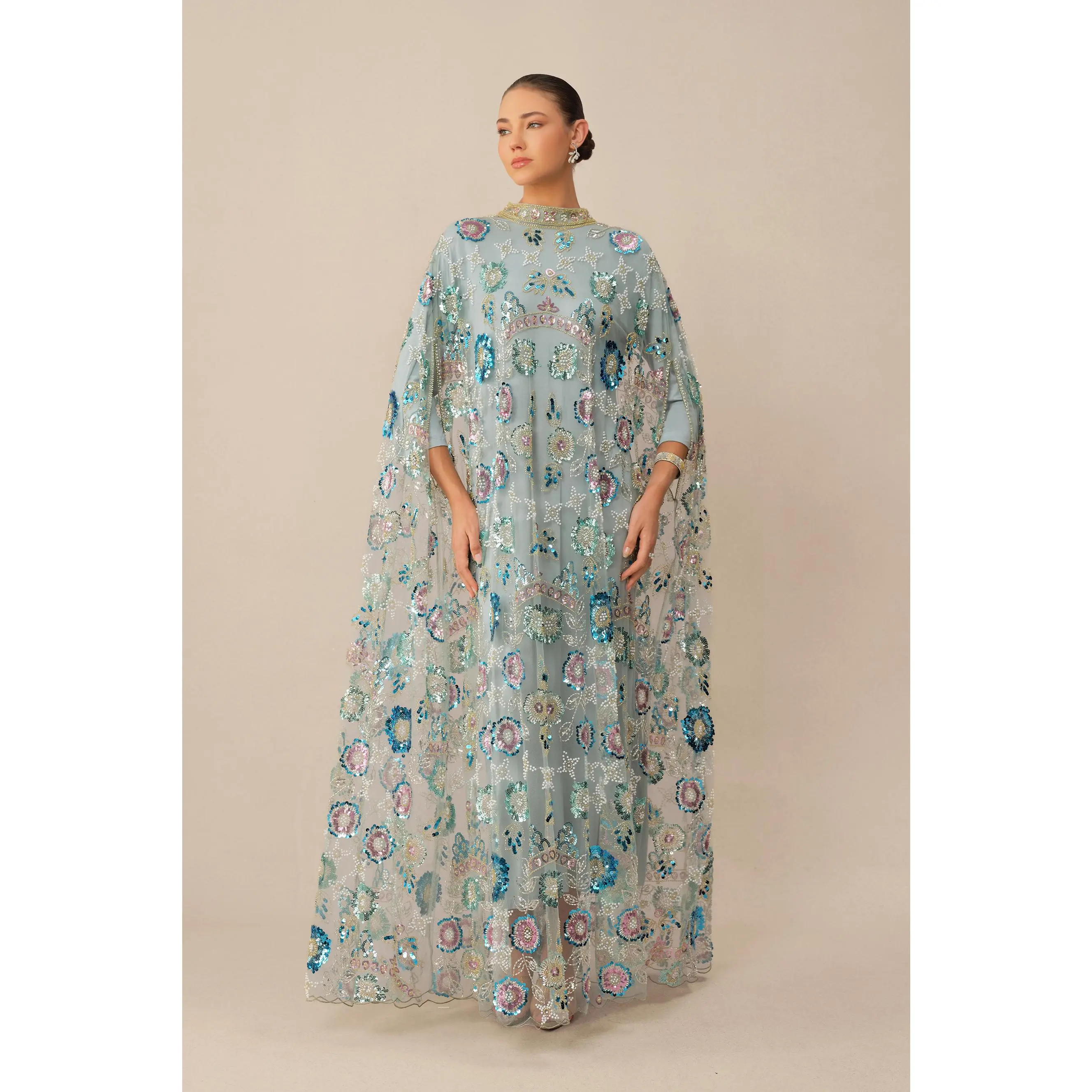 Sunfere Floral Sequin Cape Maxi Dress - High Neck Sheer Mesh Elegant Luxurious, Formal Wedding Guest Evening Party