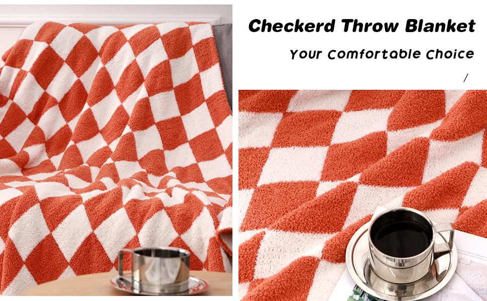 Cozy Knit Throw Blanket - Soft & Warm Checkerboard Grid Pattern for Couch, Bed - Gift for, Mom, Daughter (50x60 in, Orange)