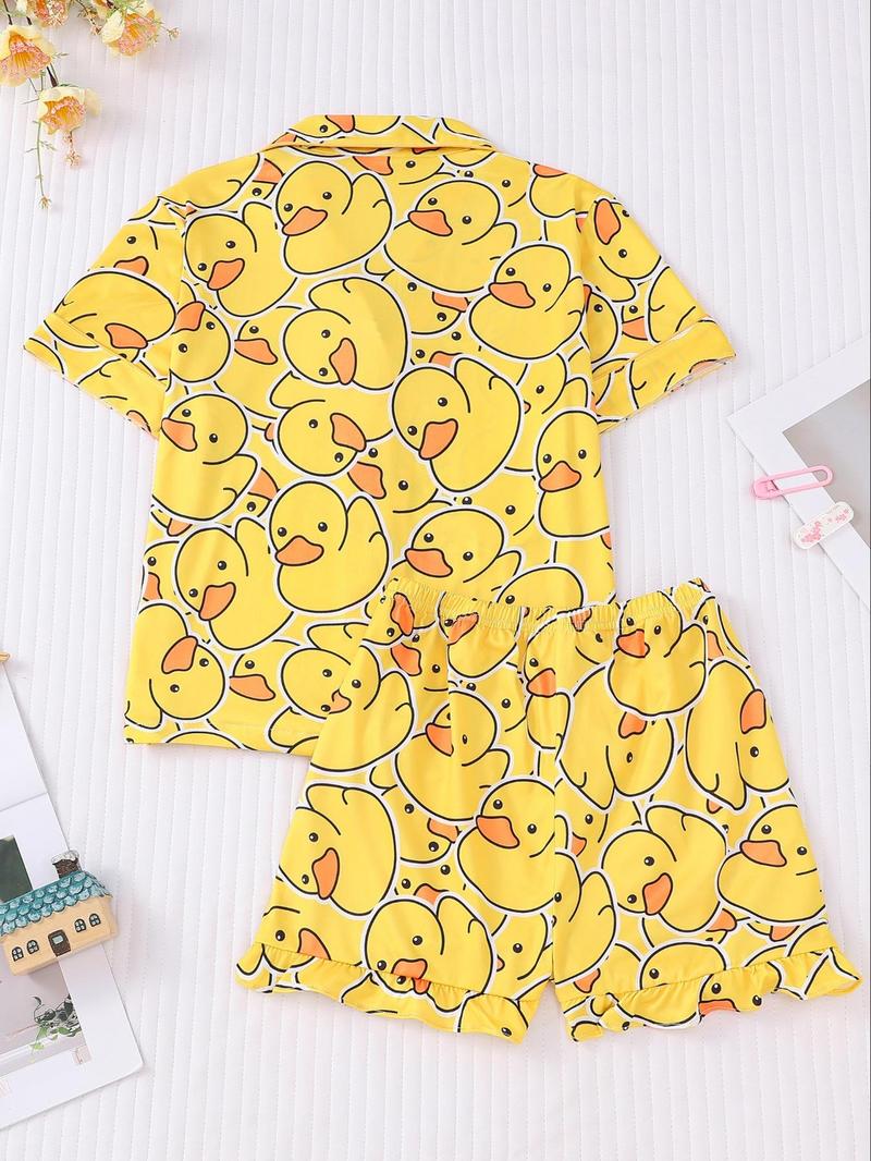 Girl's Cartoon Duck Print Top & Elastic Waist Shorts Pyjama Two-piece Set, Cute Comfy Short Sleeve Top & Shorts Pajamas Set, Kids Sleepwear for All Seasons, Pajama Set, Pajamas Loungewear