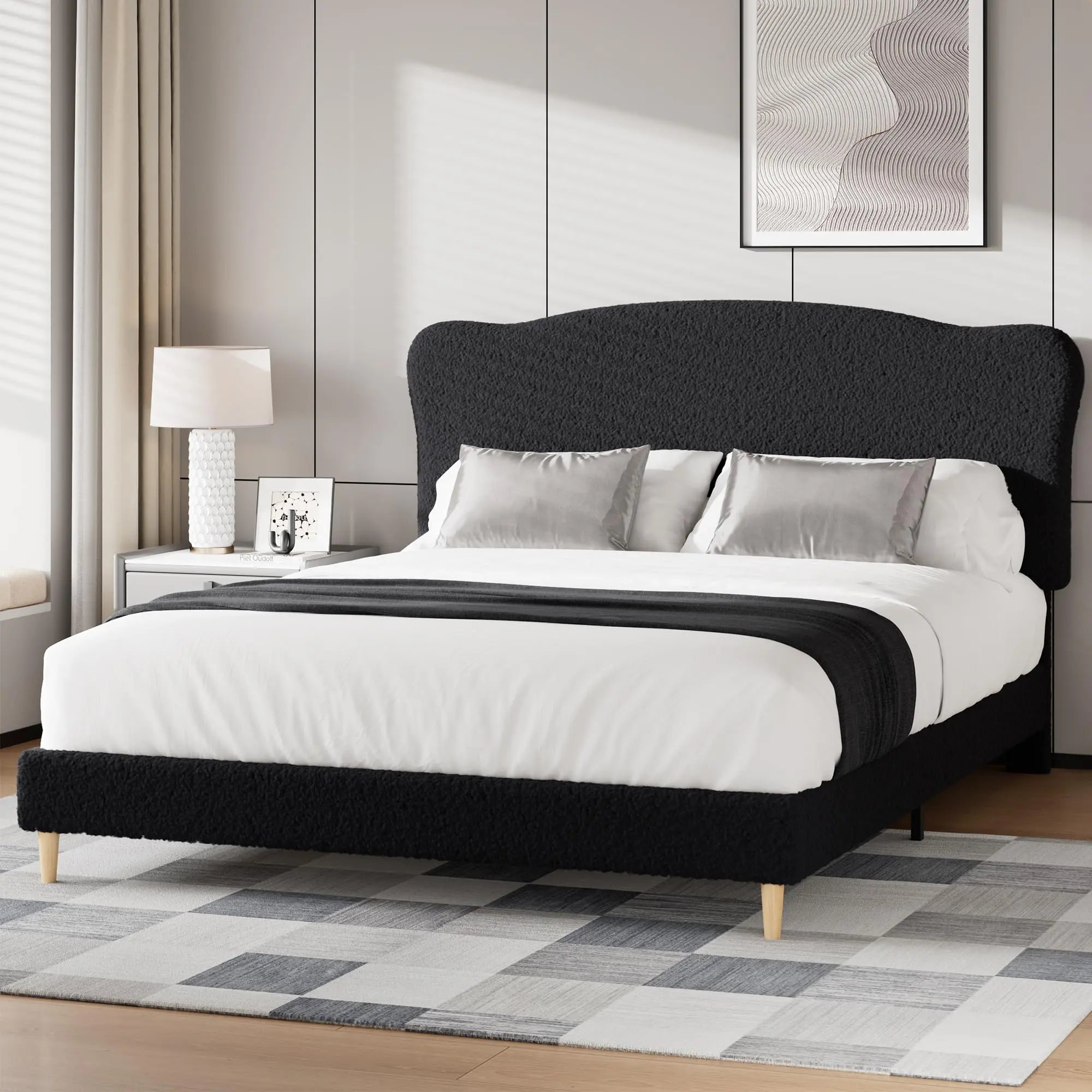 Garvee Versatile Upholstered Bed Frames Available in Twin, Twin XL, Full, and Queen Sizes with Adjustable Scalloped Headboards, Soft Velvet or Boucle Upholstery, Sturdy Wooden Slats, Noise-Free Design, Low Profile Platform, and Easy Assembly