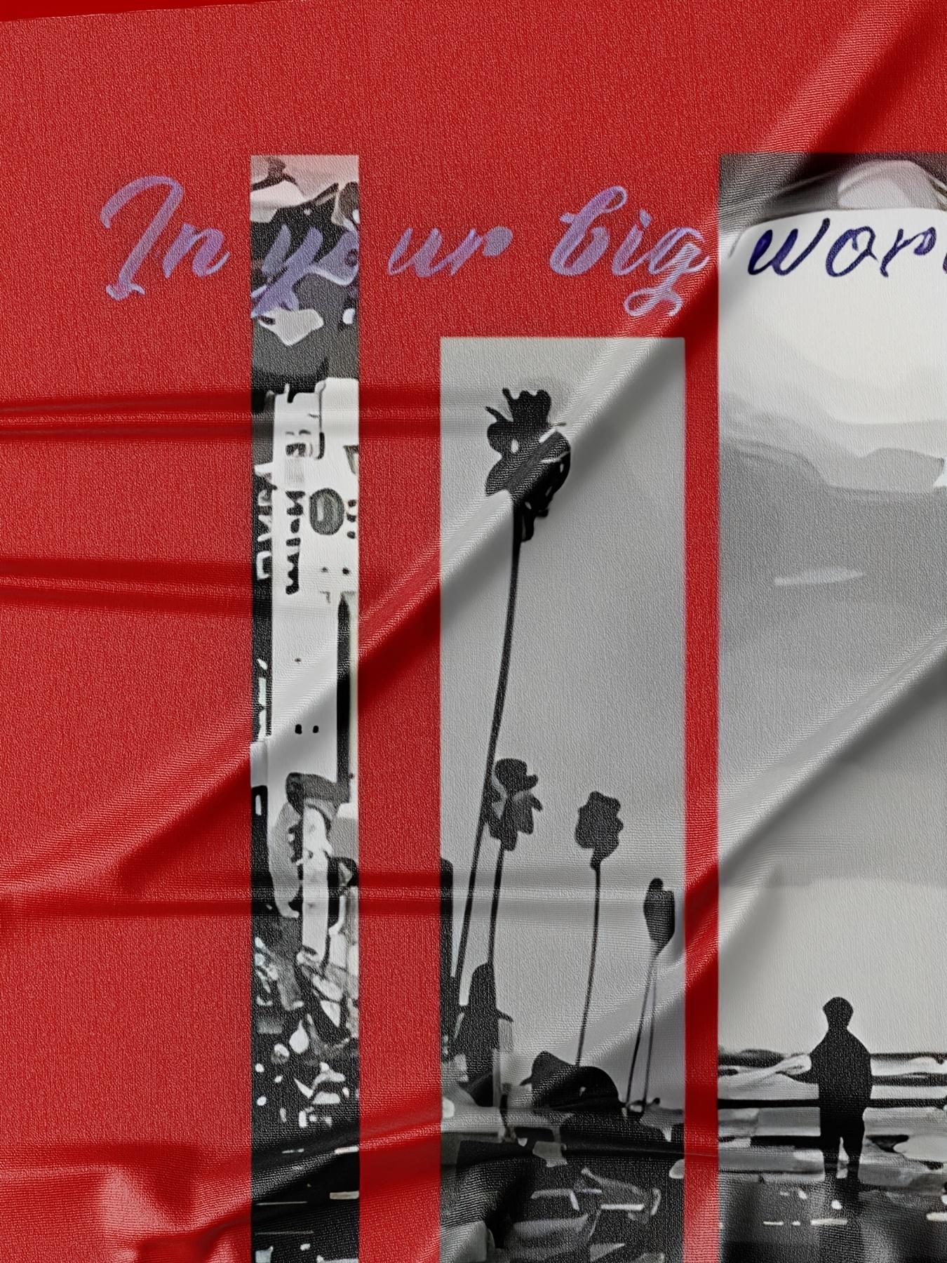 Men'S Stylish Red Graphic T-Shirt - , Short Sleeve Crew Neck, Comfort Fit for All Seasons, Casual Streetwear with Palm Tree & "In Your Big World" Design, Everyday Tshirt |     Bold Graphic Tee |     Smooth Texture Fabric graphic tee