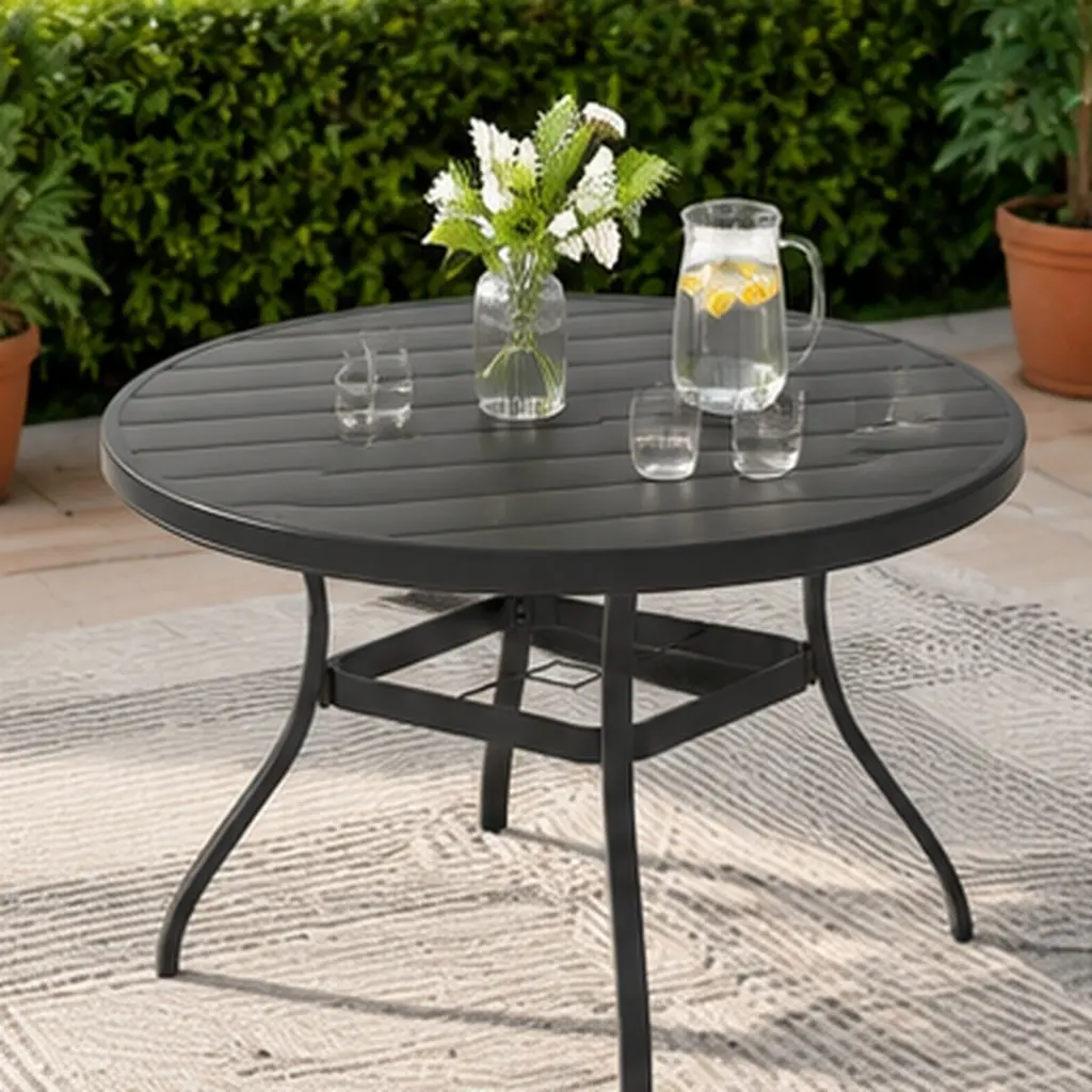 ARCH Modern Black Metal Frame Outdoor Patio Dining Table, 40.6" All-Weather Rust-Resistant Powder-Coated Steel Table with Umbrella Hole, 4-6 Seats for Garden Deck Backyard