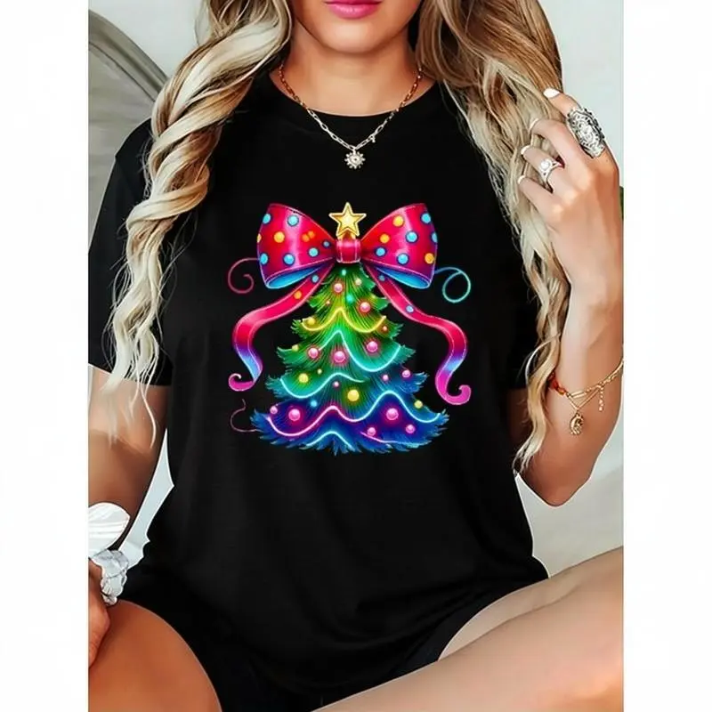 Women's Plus Size Christmas T-Shirt - Casual & Sporty Holiday Top with Tree Graphic, Breathable Knitted Cotton Shortsleeve, Customized, Style, Tee, Soft