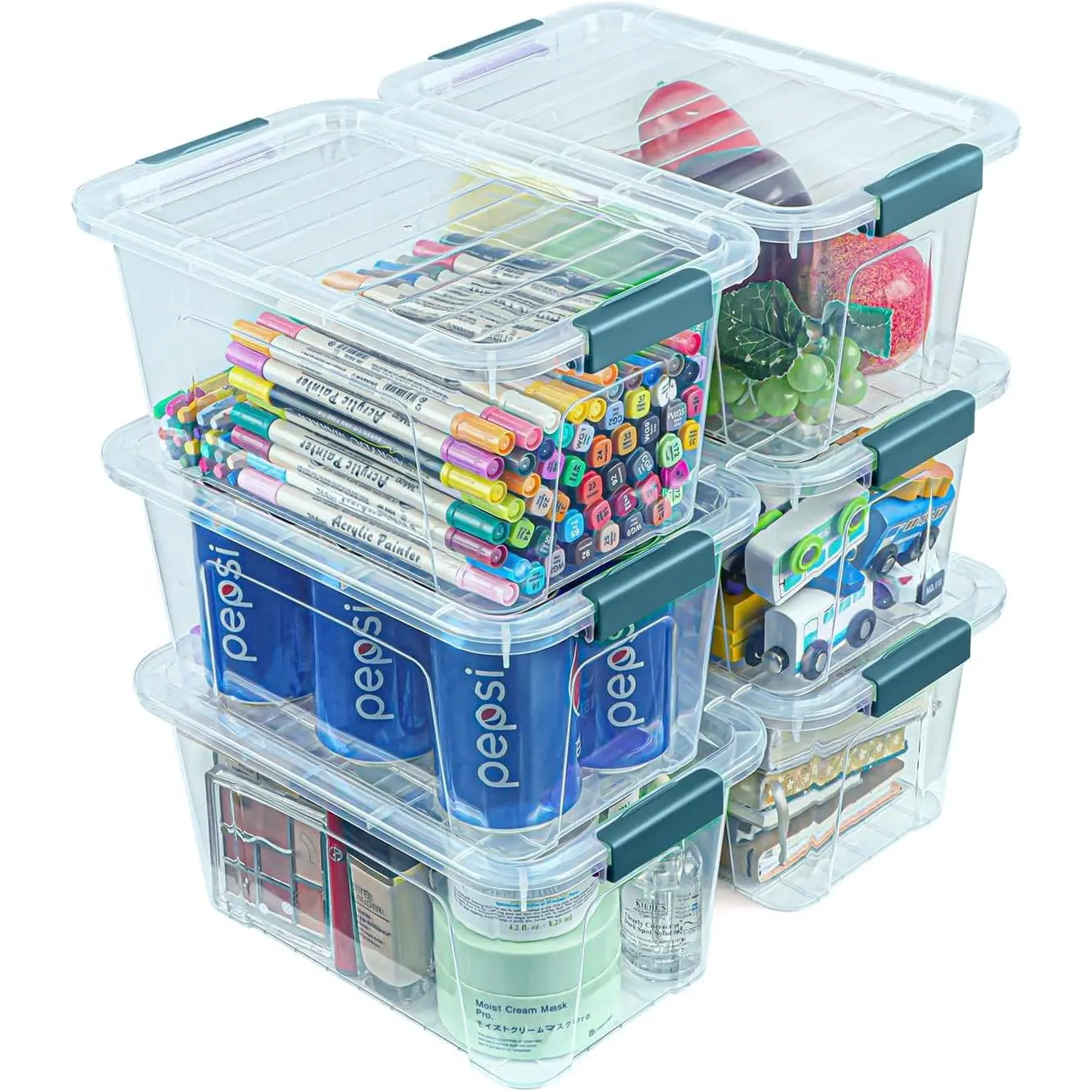Storage Bins with Lids 6 Pack Clear Storage Containers, 7 Quart Stackable Plastic Containers with Secure Buckle Latch, Durable Storage Box Organizer for Pantry, Closet, Office & Classroom, Blue