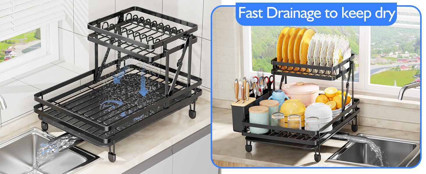 Dish Drying Rack, Collapsible Dish Racks for Kitchen Counter, 2 Tier Durable Dish Drainer with Utensil Holder-Kitchen Drying Rack