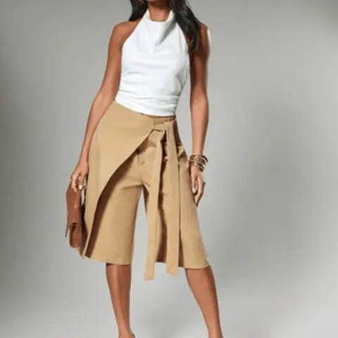 Women's Casual Solid Color Wrap-Front Wide-Leg Shorts, Tie Detail, Zipper Front Shorts, Fashion Bottoms for Commuting & Daily Wear