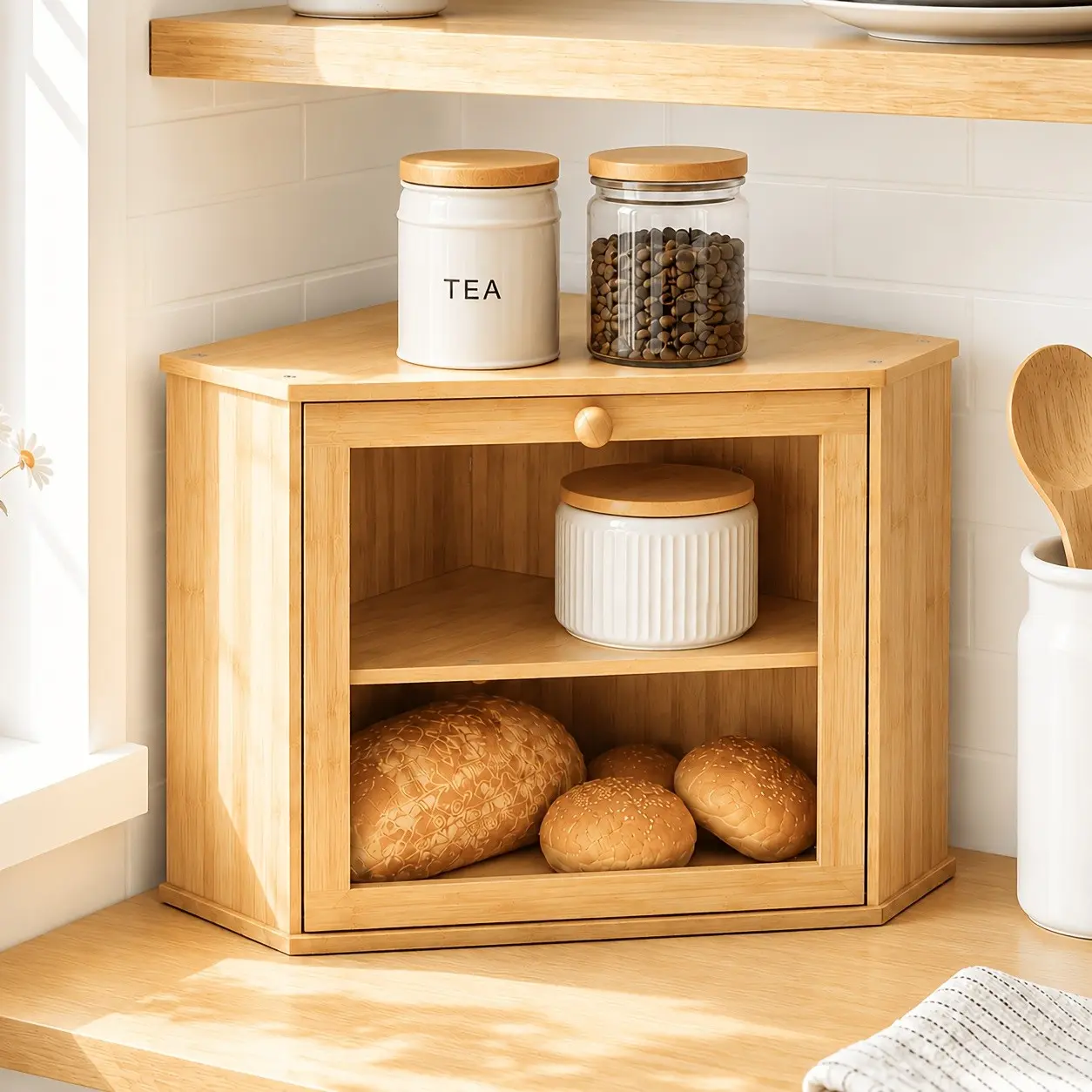 Bamboo Bread Box Kitchen Counter Organizer Wooden Storage Cabinet with Glass Door for Bread Pastries And Snack Organization Solution