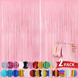 Pastel Pink Metallic Tinsel Foil Fringe Curtains 2 Pack 3.3x8.3 Feet Tinsel Backdrop for Birthday Wedding Easter Christmas Valentines Day Decorations