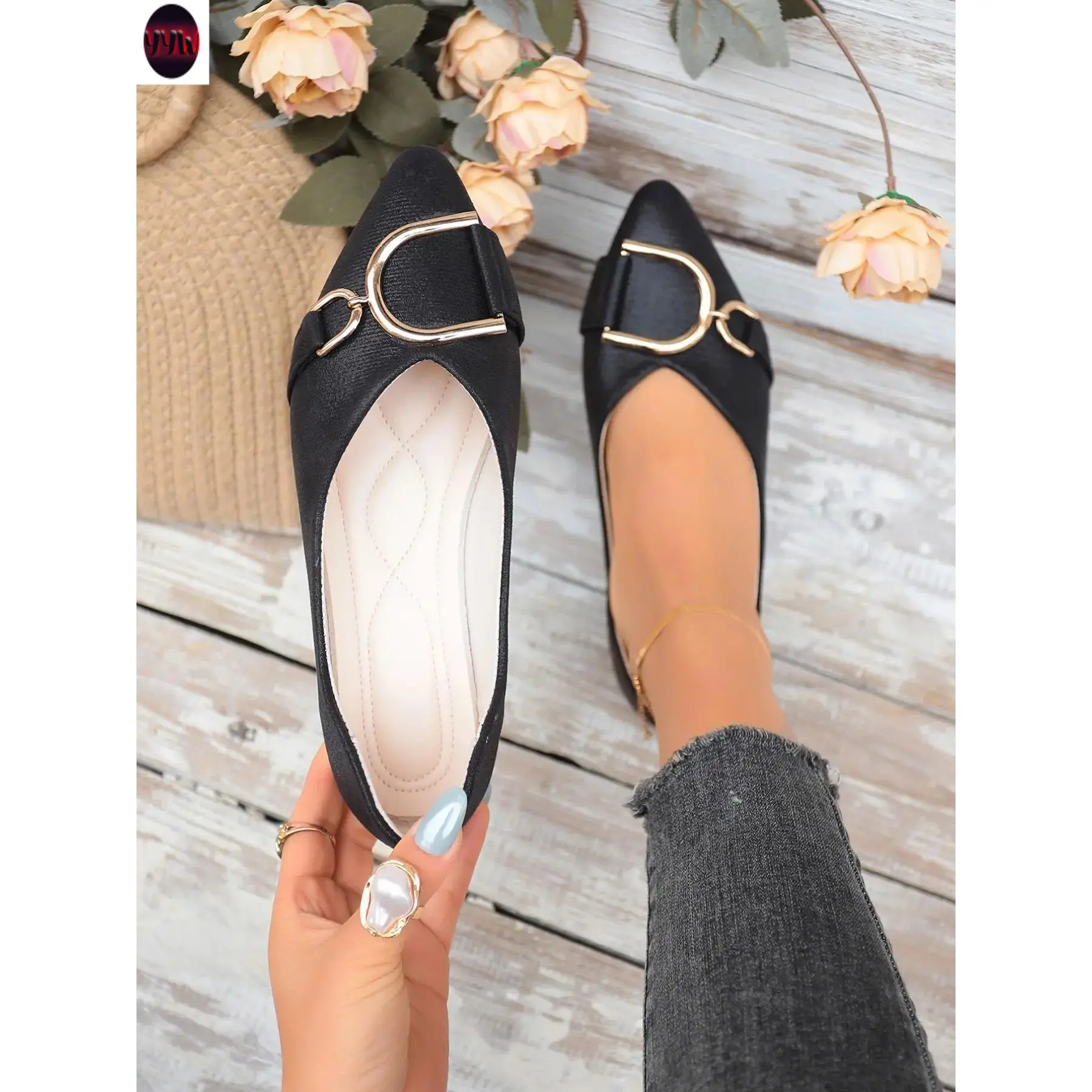 YYW1 Women's PU Leather Pointed Toe Slip-On Flats with Metal Buckle Decor, Casual Versatile Comfortable Everyday Stylish Practical Footwear