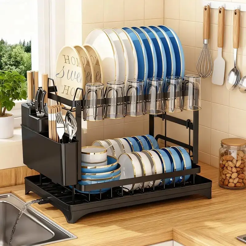 Bepatio Double-Layer Kitchen Countertop Drain Rack, Metal Material, with Drain Board, Holds Tableware, Carbon Steel, Kitchen Storage Rack, Countertop Dishes Rack