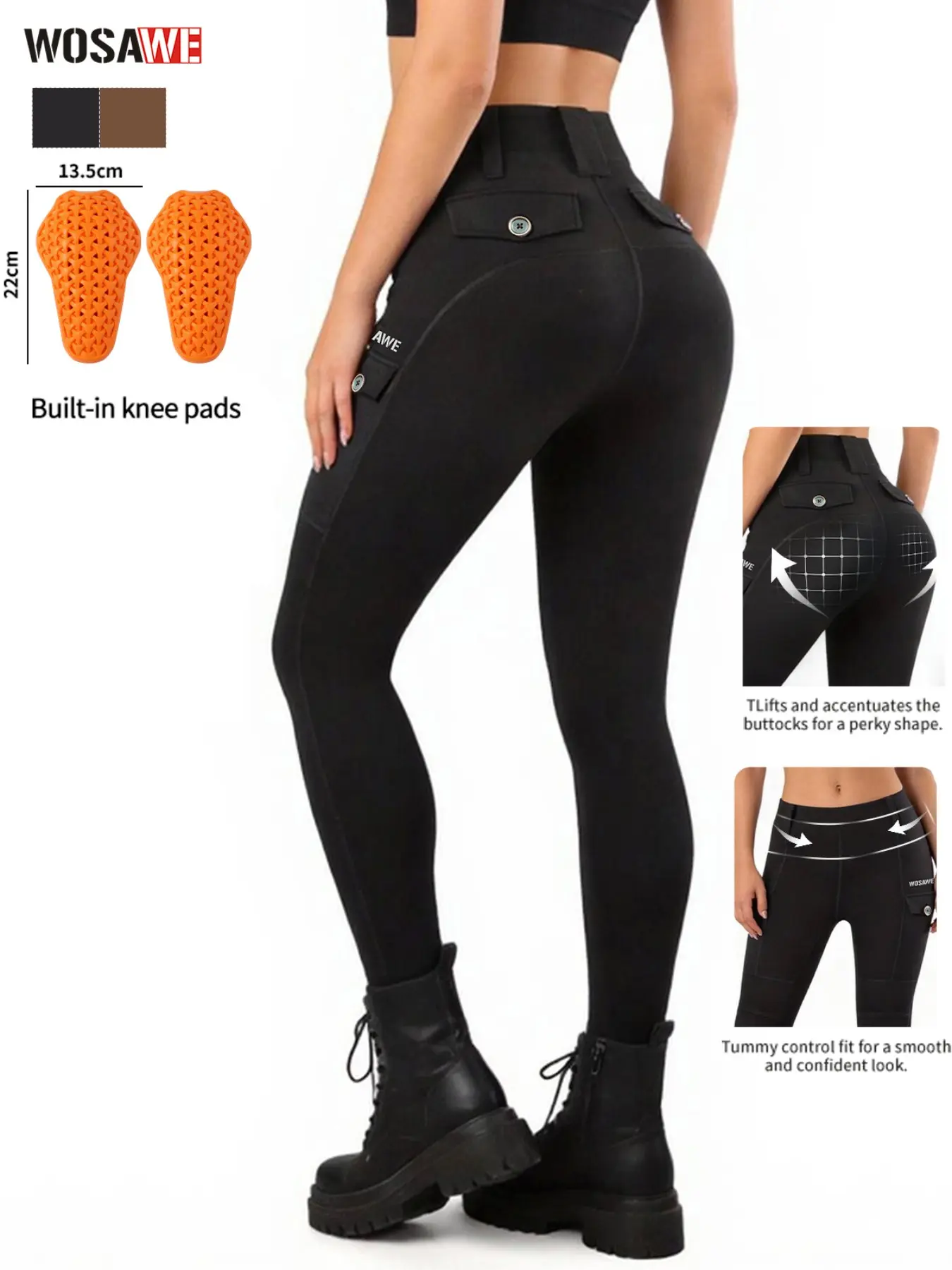 WOSAWE Women's Motorcycle Yoga Leggings with Removable Knee Pads Butt Lifting Cargo Pants