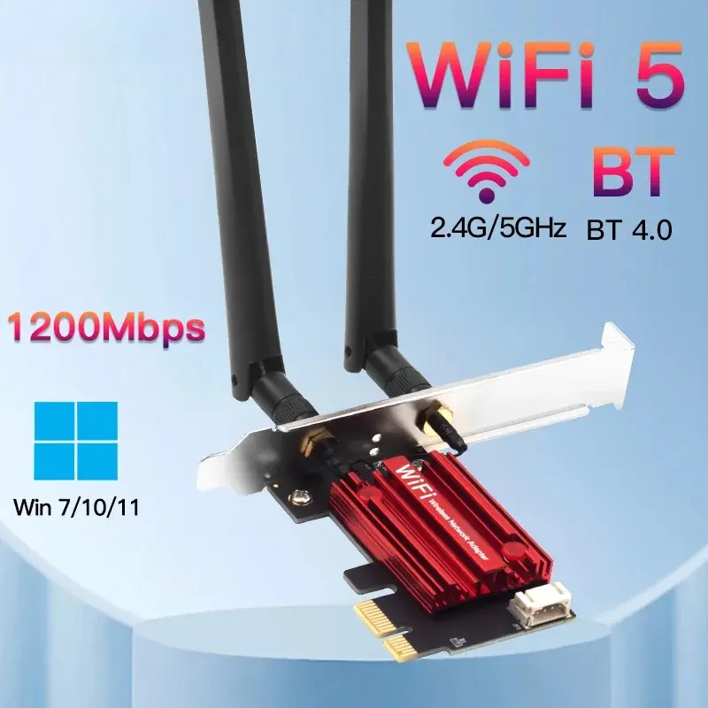 AC1200 WiFi 5 Internal PCI-Express Wireless Card, Dual-Band 2.4G/5GHz 802.11AC, Bluetooth 4.0, 9-Pin USB Cable Compatible High-Speed WiFi Adapter for Windows 7/8/10/11 Desktop Users
