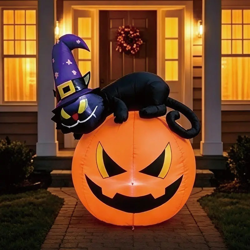 Halloween Inflatable Black Cat Sitting on Pumpkin, LED Lighted Blow Up Yard Decoration, Cute Spooky Outdoor Halloween Decor for Front Yard, Lawn, Porch, Garden, Party and Trick or Treat Display