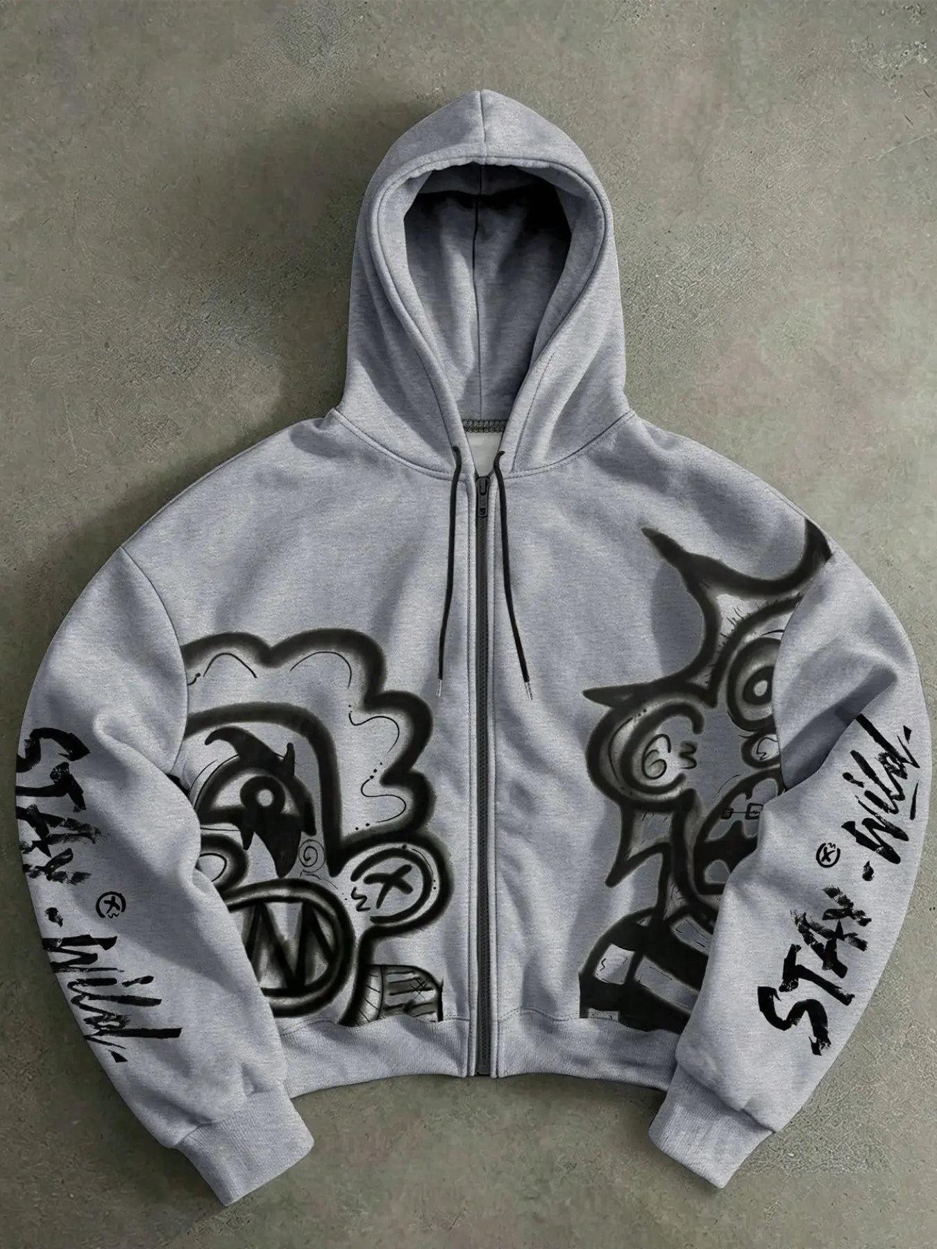 Men's Heather Gray Oversized Zip-Up Hoodie, Casual Streetwear Jacket with Graffiti Cartoon & "Stay Wild" Print, Retro Y2K Streetwear Outerwear for Fall, Campus Looks, Casual Outings, Parties, Travel, Weekend Wear, and Relaxed Edgy Styling