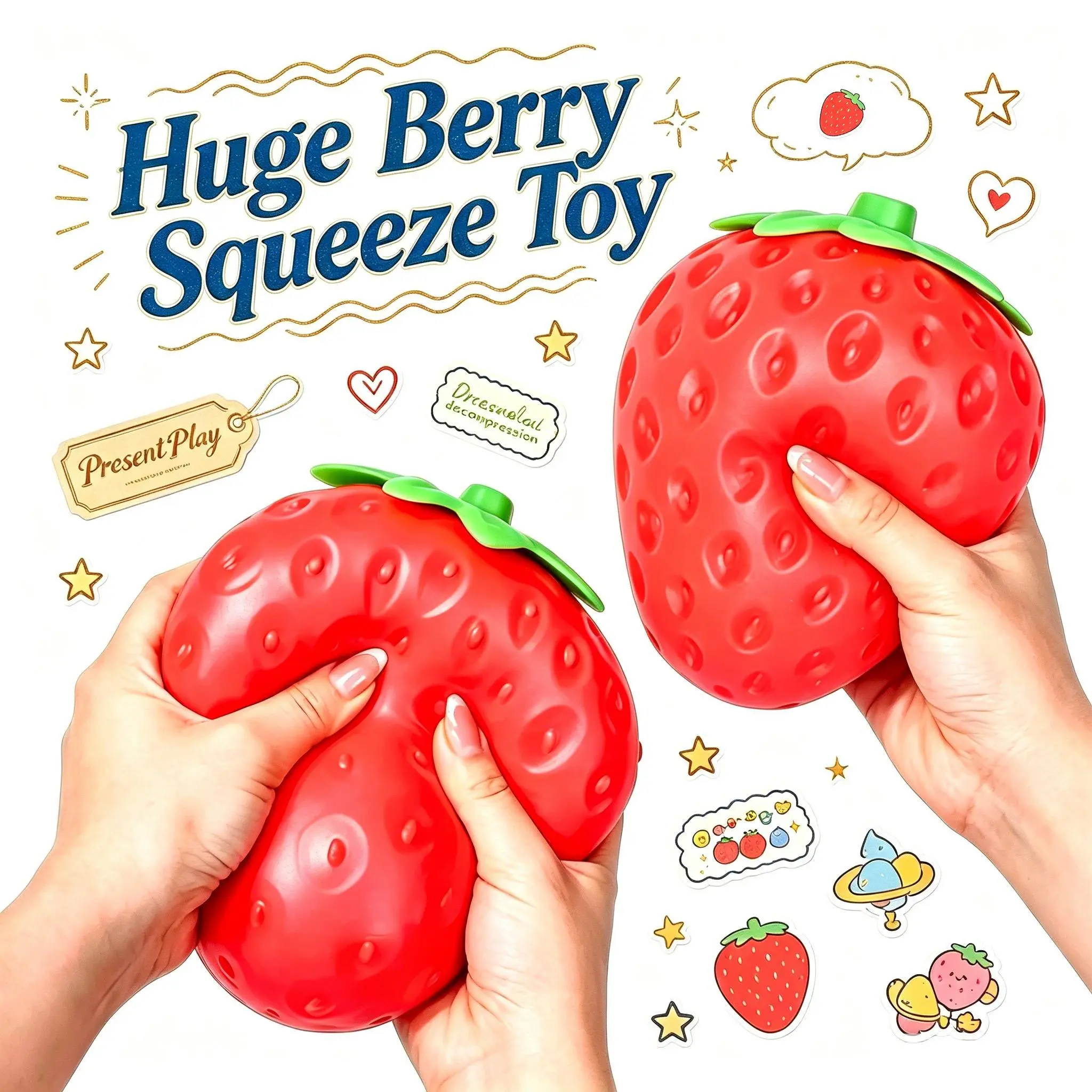 Toymendous 5" Extra Large Strawberry Squishy Stress Ball - Non-Toxic, Safe, Durable Fruity Fidget Toy for Kids 3+ - Sensory Play, Stress Relief Gift