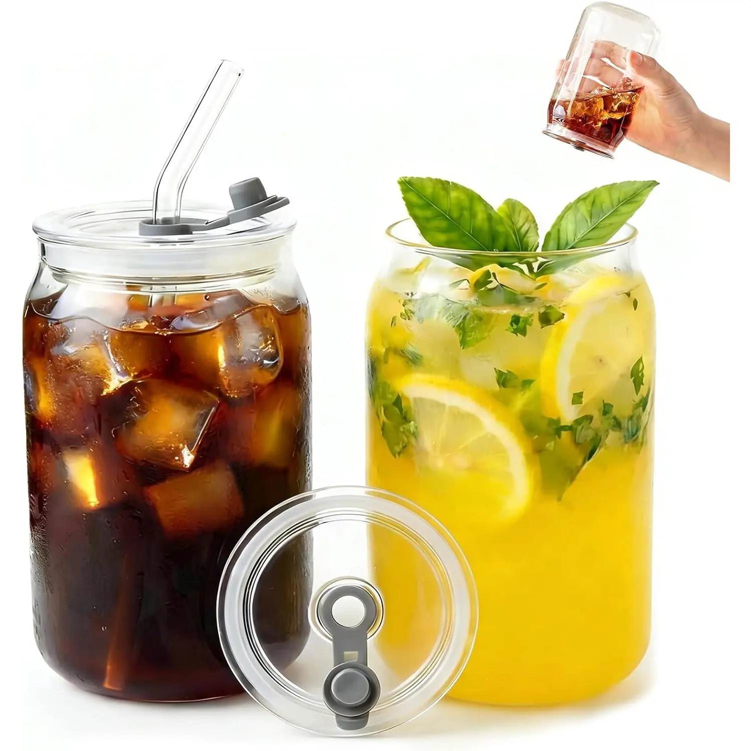 Leakproof Glass Cups with Plastic  and Straws, 16oz Iced Coffee Cup, Drinking Glasses Tumbler for Water, Boba , Smoothie - 2 count