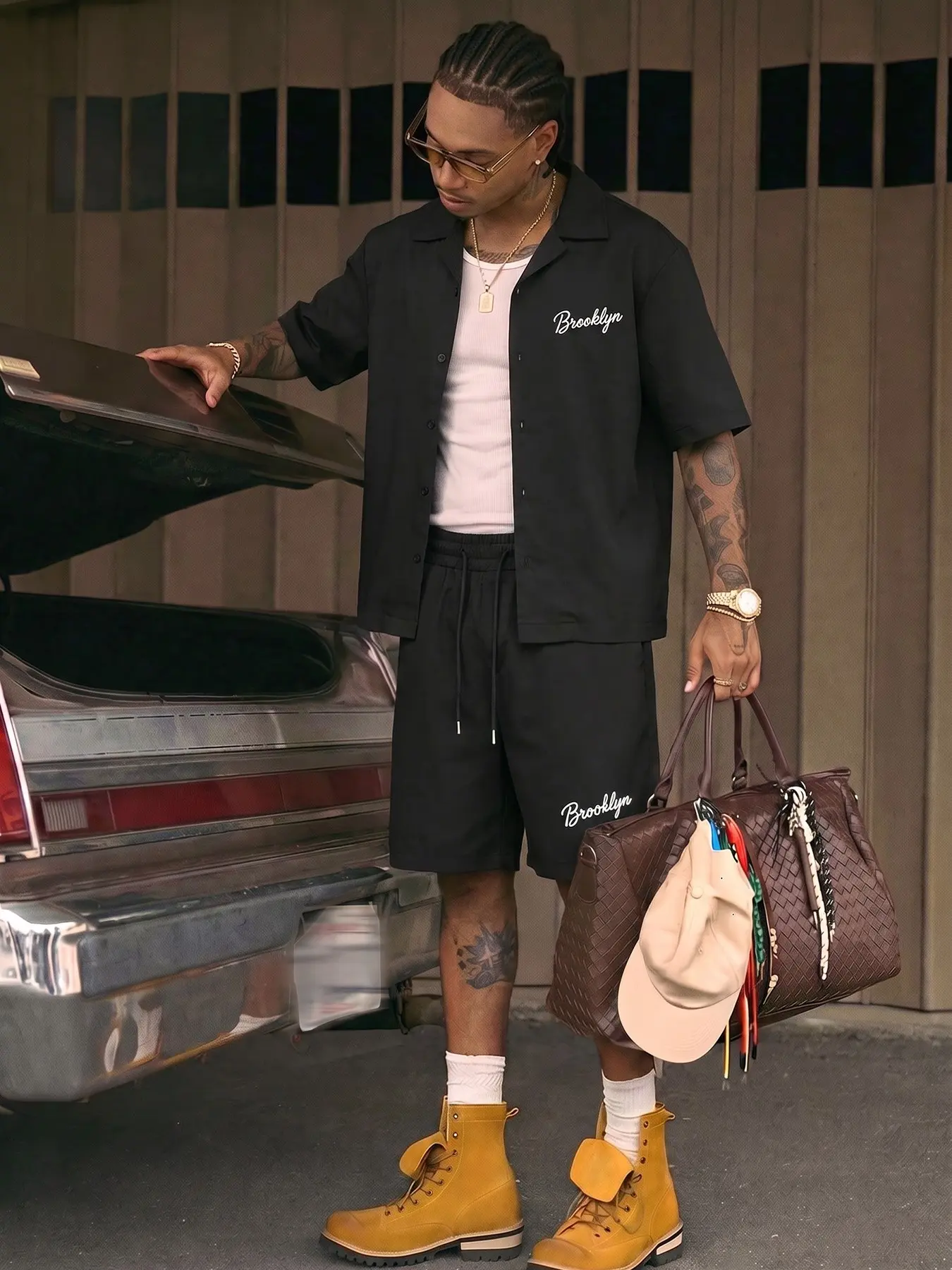 Men's Brooklyn Cursive Script Print 2 Piece Matching Set, Lapel Short Sleeve Button Up Shirt & Drawstring Elastic Waist Solid Black Shorts, Loose Boxy Summer Back To School Hip Hop Streetwear Preppy Outfit