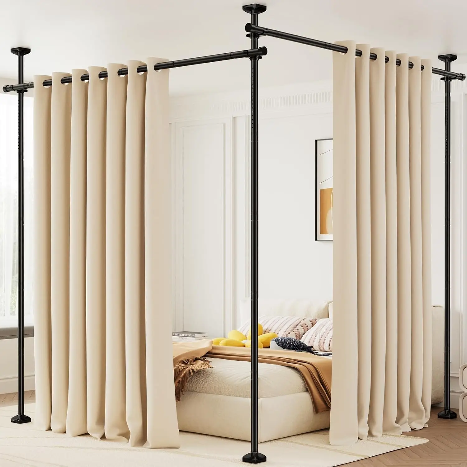 Room Divider Curtain Rod, No Drilling Tension Rod for Room Separation Black | 4-10ft(H) 28-114inch(W) Adjustable Heavy Duty Wall Divider, Floor to Ceiling Tension Curtain Rod Privacy Space Separator