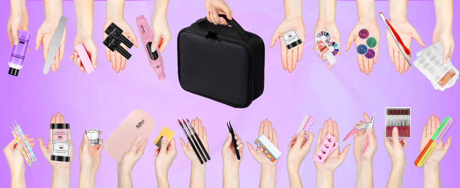 Professional Acrylic Nail Kit for Beginners - 42 Colors Glitter Powder, Liquid, UV Light, Drill, Practice Finger Nail Bag Organizer Case