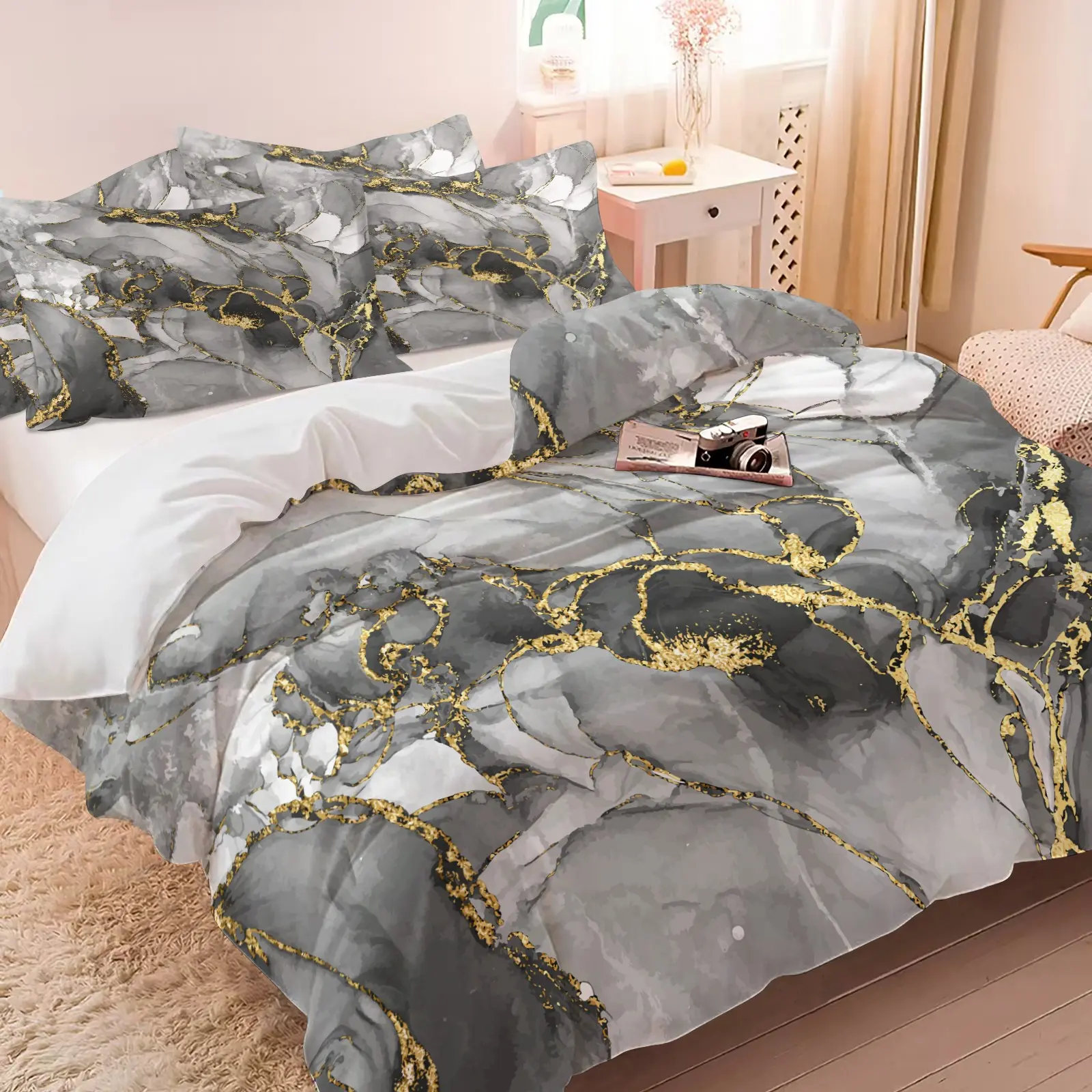 2/3PCS Luxury Gray Gold Marble Duvet Cover Set, Marble Abstract Art Design Comforter Cover with Pillowcases, Soft Microfiber Bedding Set No Filler, Gold Foil Print Duvet Cover for Bedroom, Aesthetic Room Decor for Adults