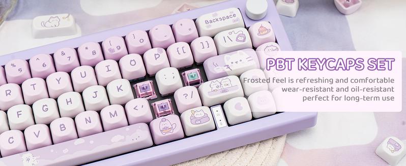 COOMICKEY PBT Keycaps MOA Profile 132 Keys Dye Sublimation Purple Cute Cat Customized Set for ANSI Cherry MX Switches Mechanical Keyboards with Keycap Puller