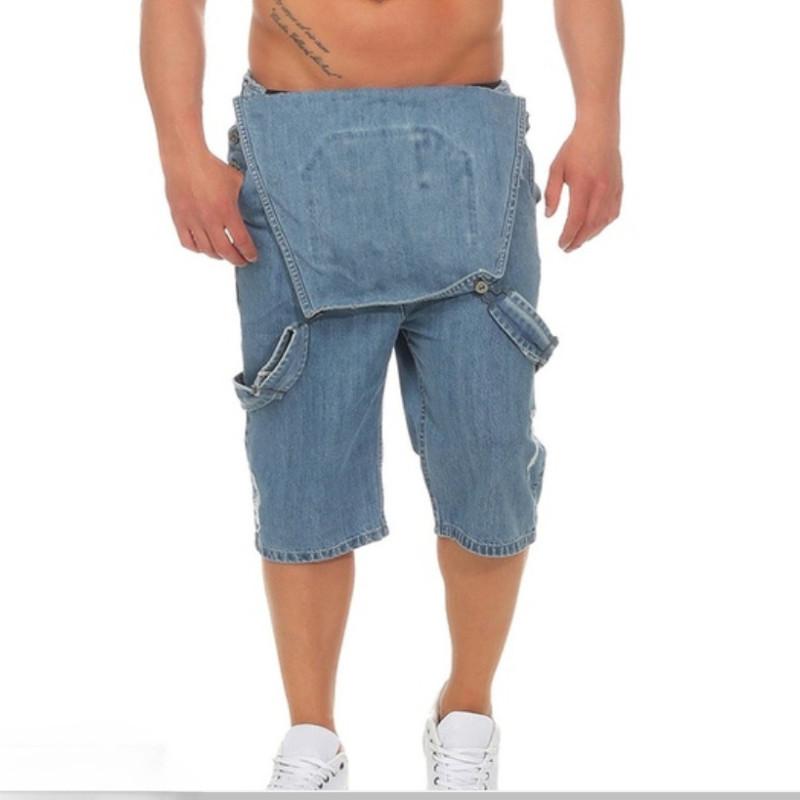 Plus Size S-3XL Men Denim Overalls Jumpsuit Shorts Ripped Hole Suspender Bib Jean Pants Cargo Work Summer Casual Slim Loose Street Wear Outfit Black Blue