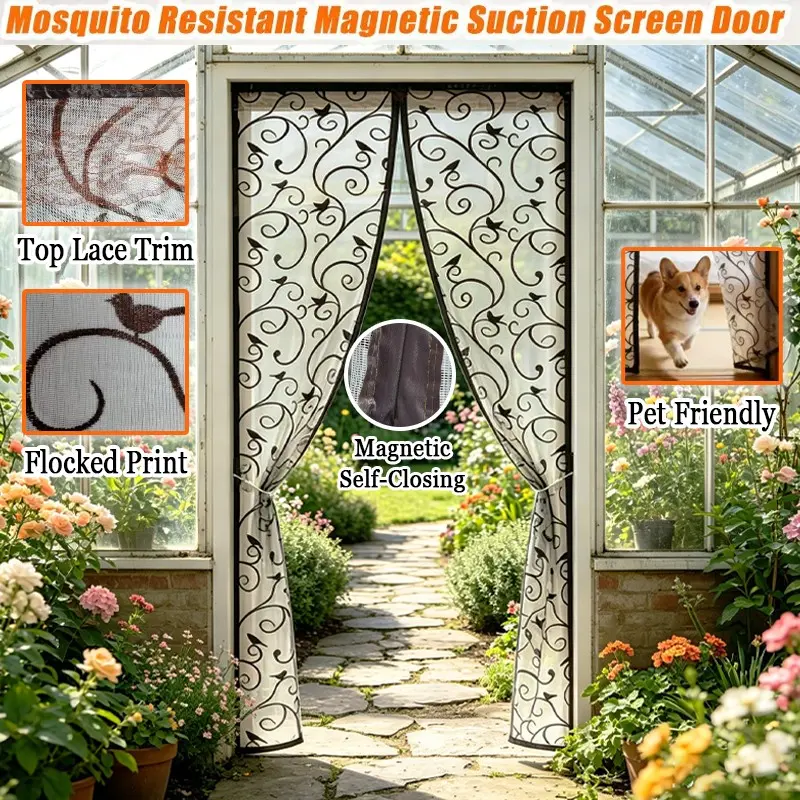 Vintage Magnetic Screen Door, Elegant Velvet Print, Automatic Closure Mosquito Net, No Drilling Installation, Pet Friendly, Summer Bug Barrier, Magnetic Doors