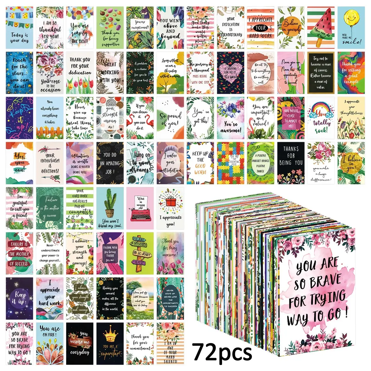72pcs Daily Affirmation Cards, Inspirational Greeting Cards, Horizontal Cards - Inspirational and Encouragement Cards Designs For Positive Thinking, Self-Love, Uplifting Quotes and Motivational Messages, Compact Size, Easy Carrying