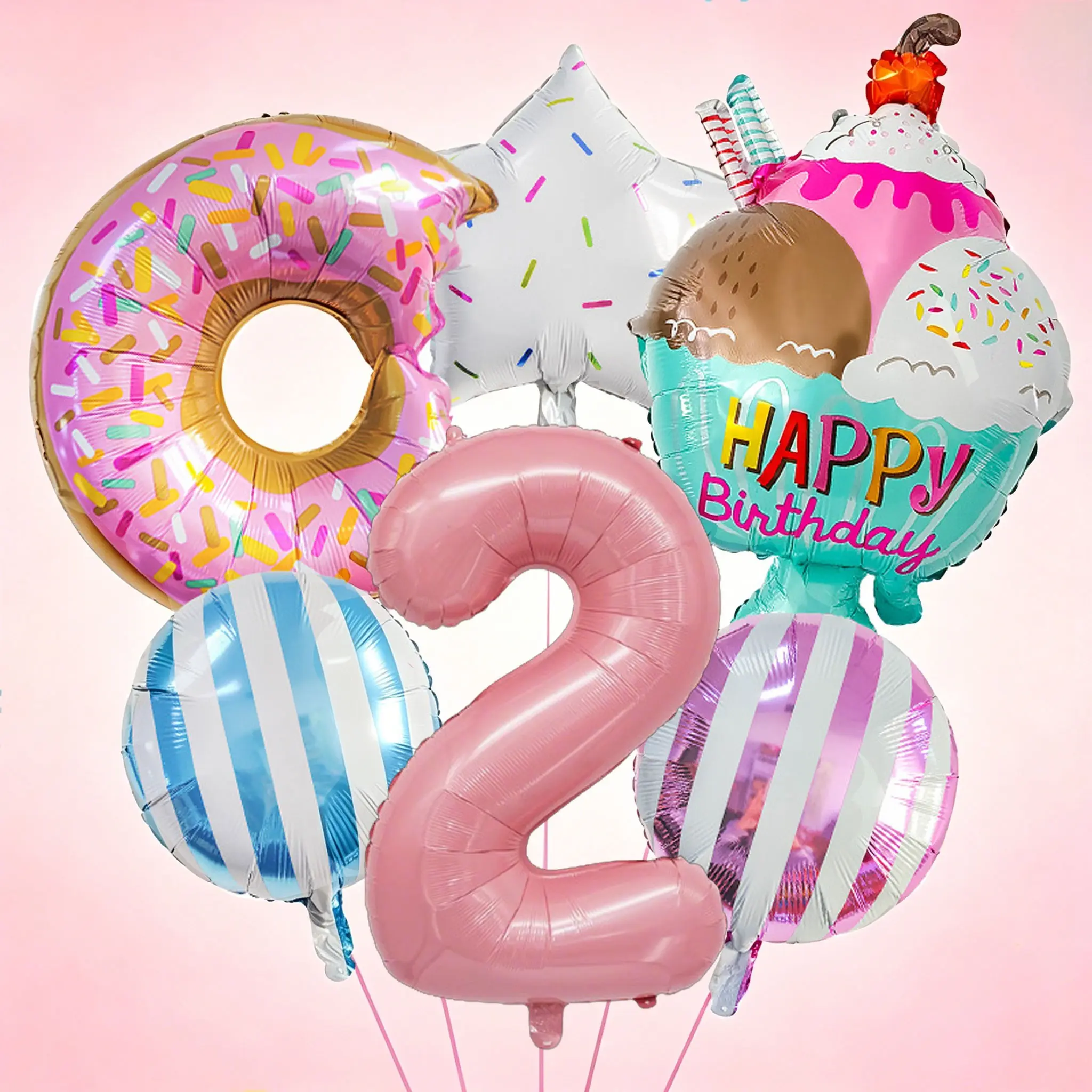 8-Piece Donut Ice Cream Theme Number Balloons Set, 32-Inch Aluminum Foil Balloons, Birthday Party Decor, Sweet Shop Opening Event, Balloon Decoration
