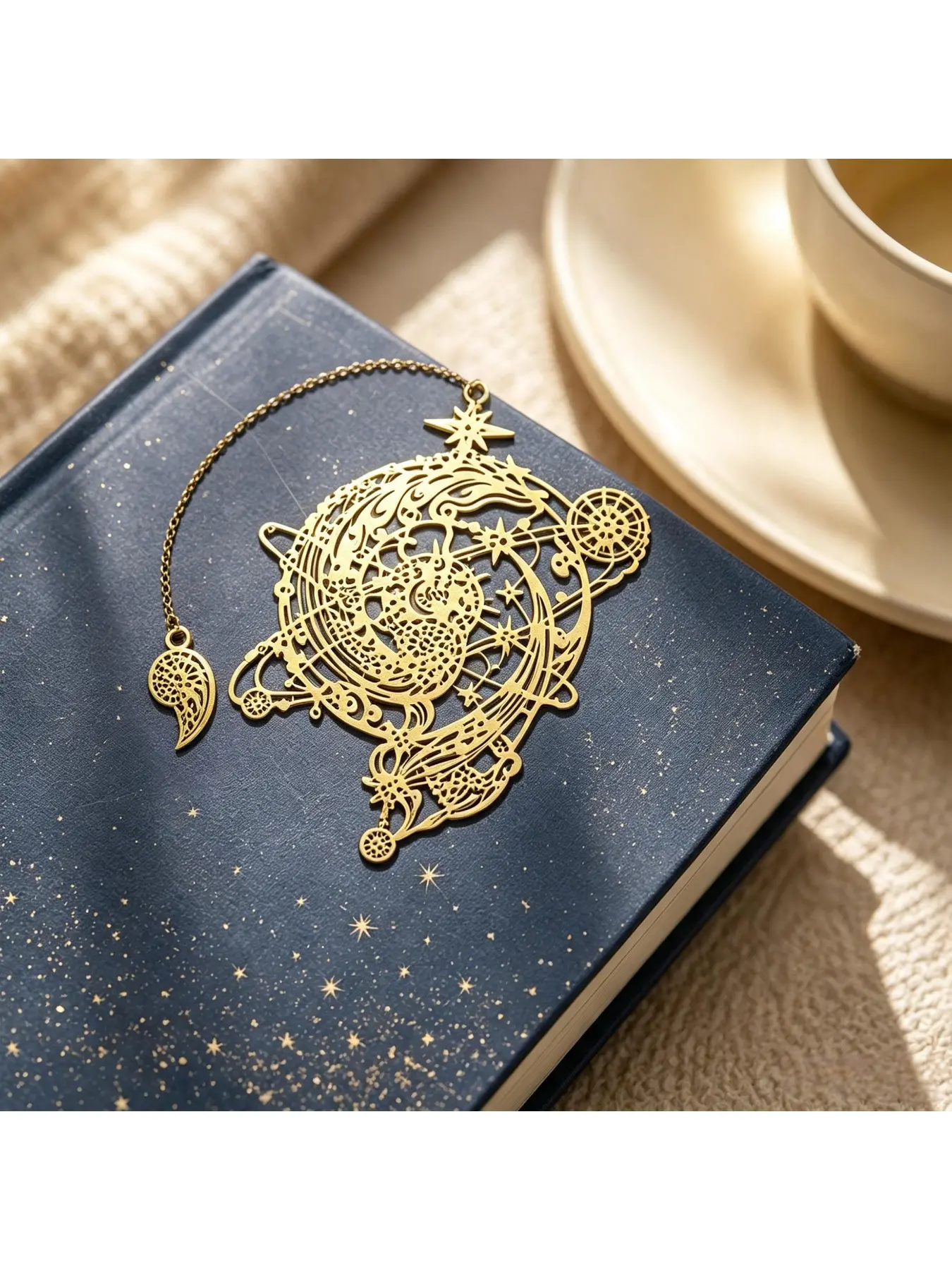 Vintage Golden Hollow Teapot Celestial Metal Bookmark With Chain, Star Moon Starry Sky Book Page Marker, Elegant Aesthetic Reading Accessory, Literary Gift For Book Lovers
