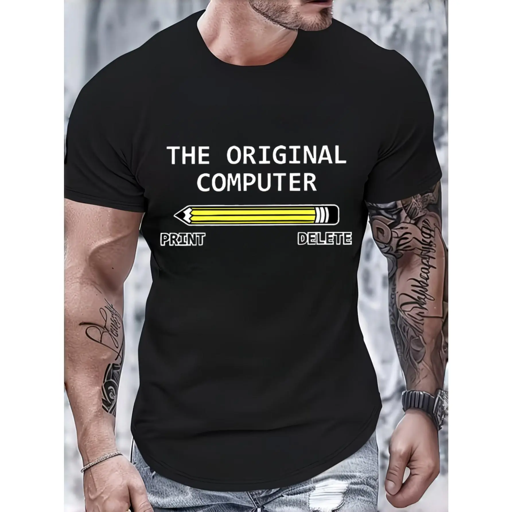 Men's Fashion Breathable Unisex Graphic T-Shirt - Original Computer Pencil Print Delete Quote Design, Casual Menswear Matching Summer Daily Wear, Party Gift For Dad Husband
