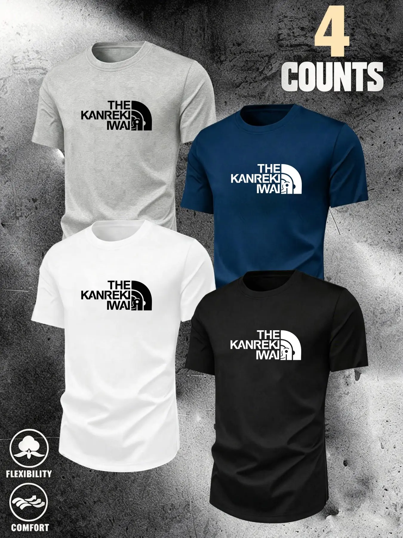4-Pack Men's Round Neck Casual Sports T-Shirts, Fitness Shirts, Ideal for Gym, Running, Outdoor Activities, Fun Logo Print, Soft and Breathable, Unisex