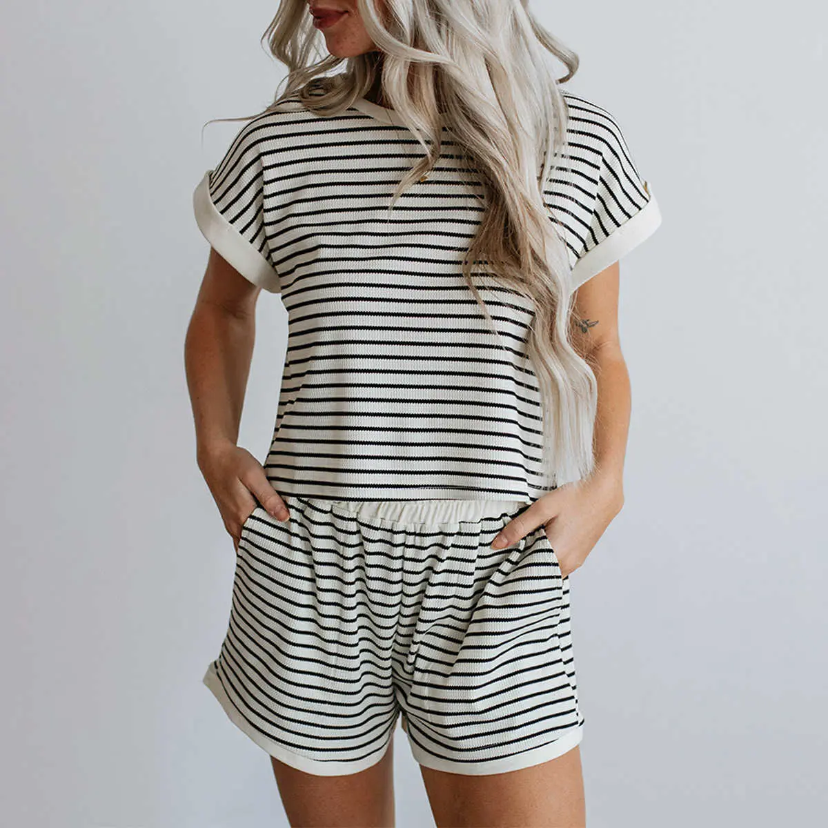 Women's Striped 2 Piece Lounge Set | Casual Short Sleeve Top & Pocket Shorts Matching Outfit,travel essentials,camping essentials