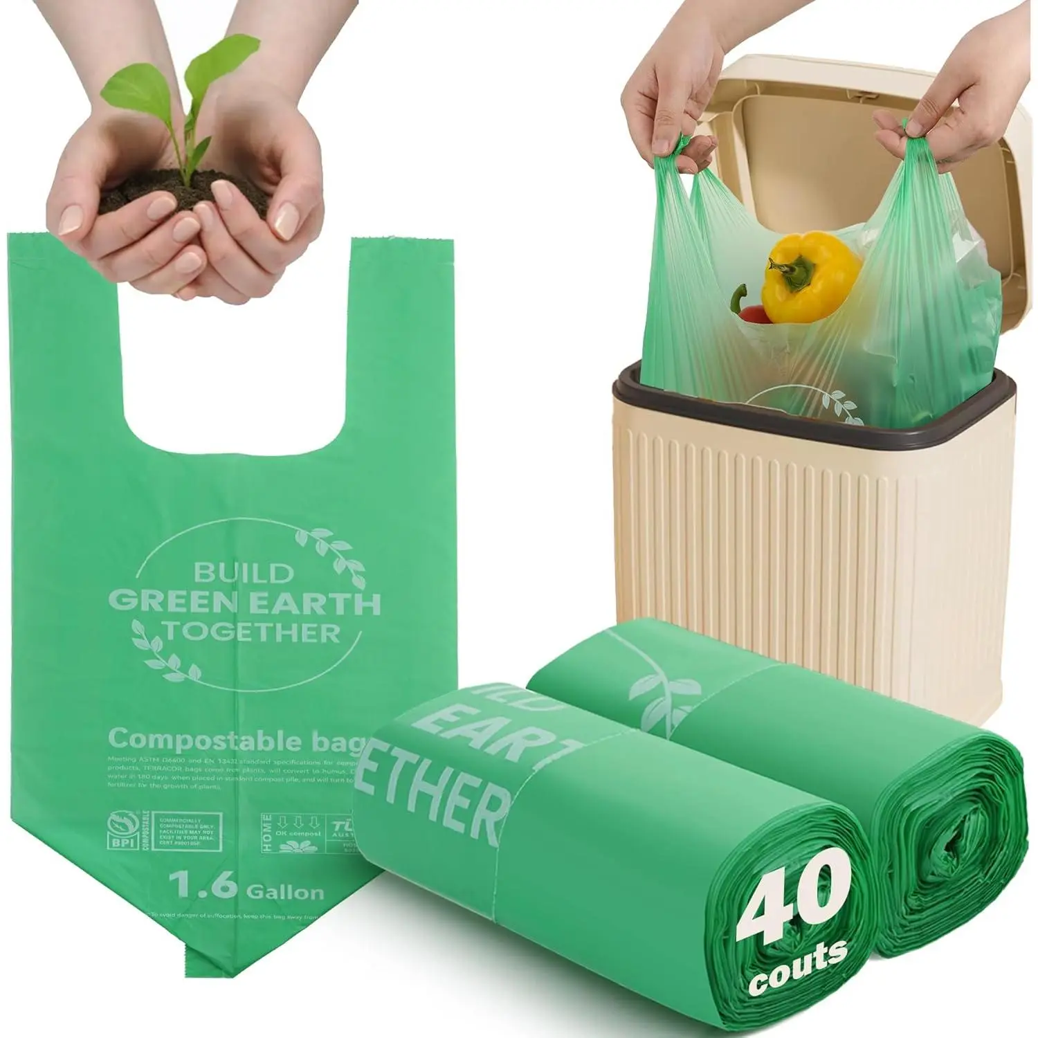 Compost Handle Bags 1.6 Gallon 6Liter Extra Thick 0.6 Mils Compostable Food Scrap Waste Bags with US BPI ASTM D6400 and Europe OK Compost Home Certified Green 40 Couts