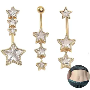 3 PCS 14G Stainless Steel Dangle Belly Button Rings, Cubic Zirconia Heart Star Round Navel Barbell Rings, Hypoallergenic Belly Piercing Jewelry for Women