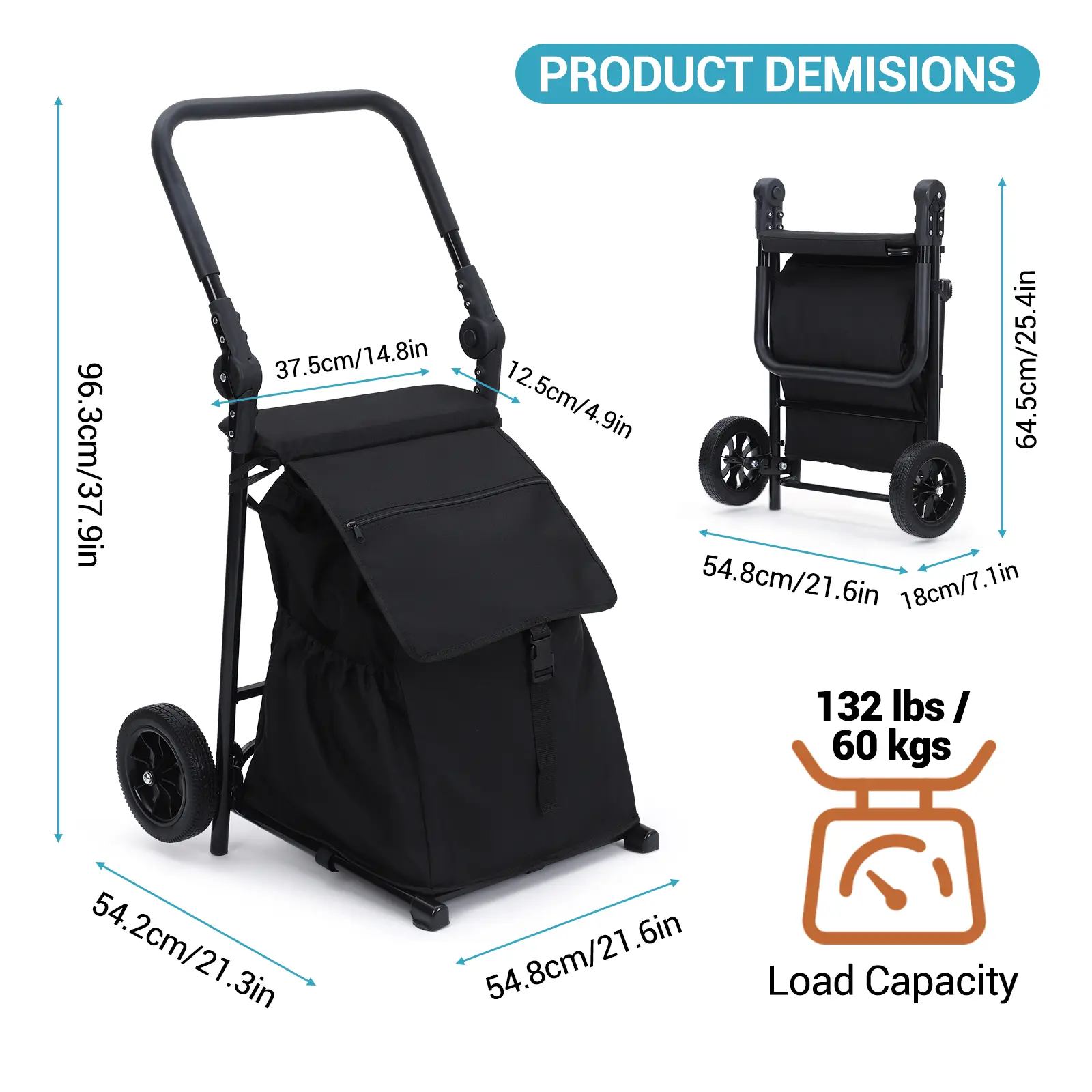 Heavy Duty 2-in-1 Foldable Utility Wagon Cart with Rolling Wheels, 32.5 Gallon Detachable Waterproof Liner, Adjustable Non-Slip Handle & Thick Seat Cushion, 132 LBS Load Capacity Outdoor Trolley for Garden Shopping Home Market