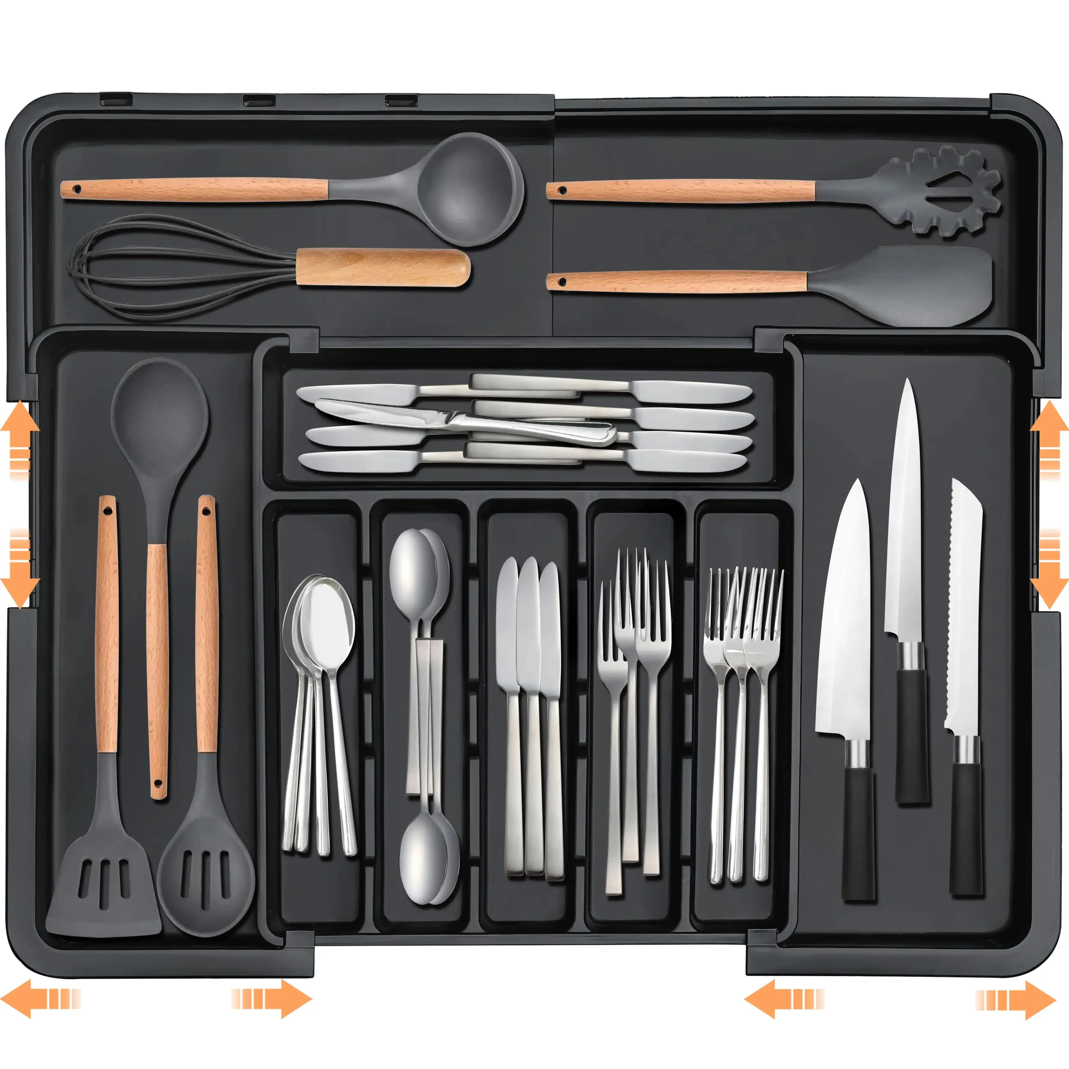 Adjustable Kitchen Drawer Organiser, BPA-Free PP Plastic Silverware Organiser with 9 Compartments, Expands 9.5" to 19" for Custom Drawer Fit, Ideal for Home Use