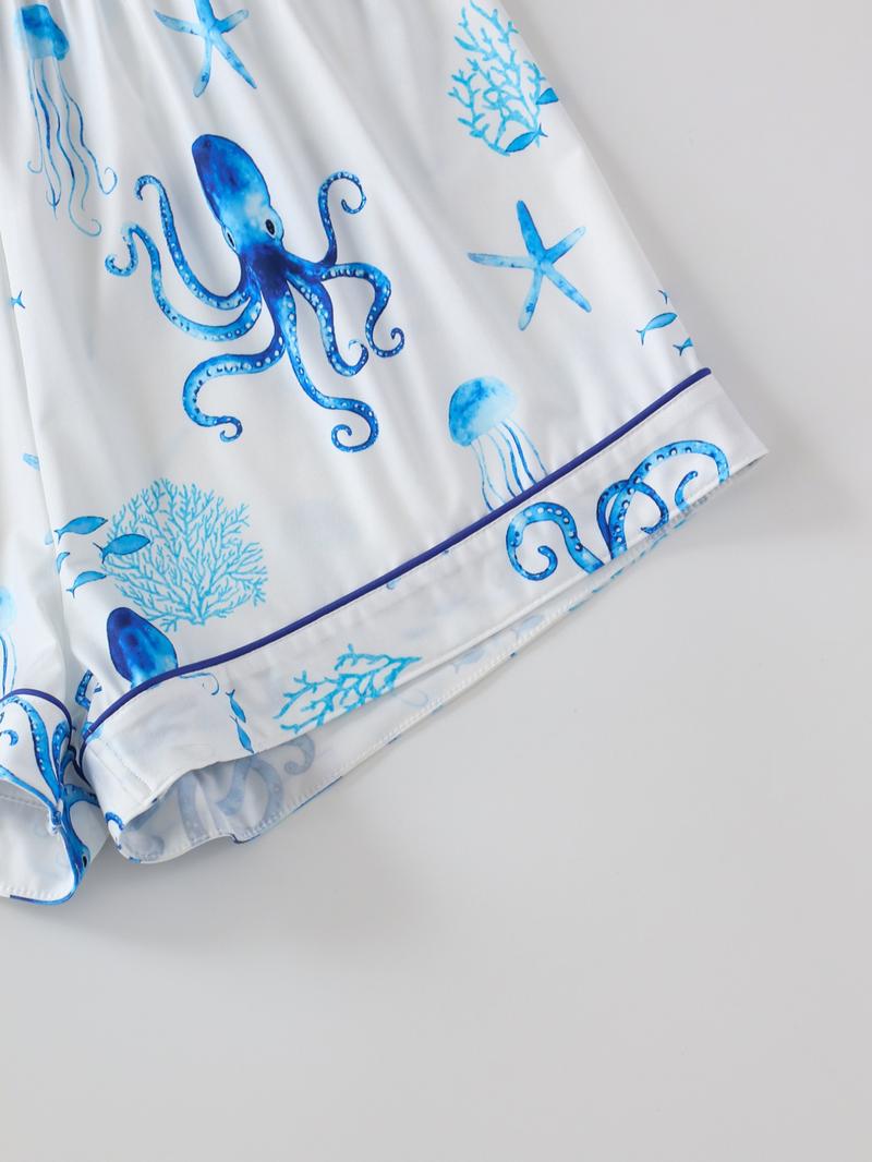 Women's Octopus Print Button Front Shirt & Shorts Pyjama Set, Comfort Two-piece Pj Set for Homewear, Women's Sleepwear for All Seasons, Womenswear, Summer Sleepwear Set