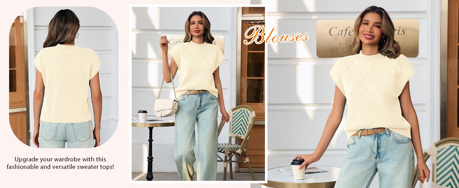 Saodimallsu Women's Mock Neck Cap Sleeve Sweater Vest Soft Lightweight Knit Tops for Summer & Spring Casual Outfits Shortsleeve Womenswear Basic Knitted Chunky Chic