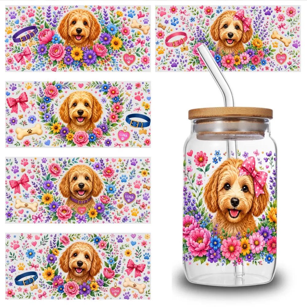 5 Sheets Puppy Floral UV DTF Self-Adhesive Stickers, UV Resistant Flowers Transfer Paper, 9.4x4.3 in Vinyl Decals for 16oz Glass Jars, Cups & Bottles Decorative Packaging