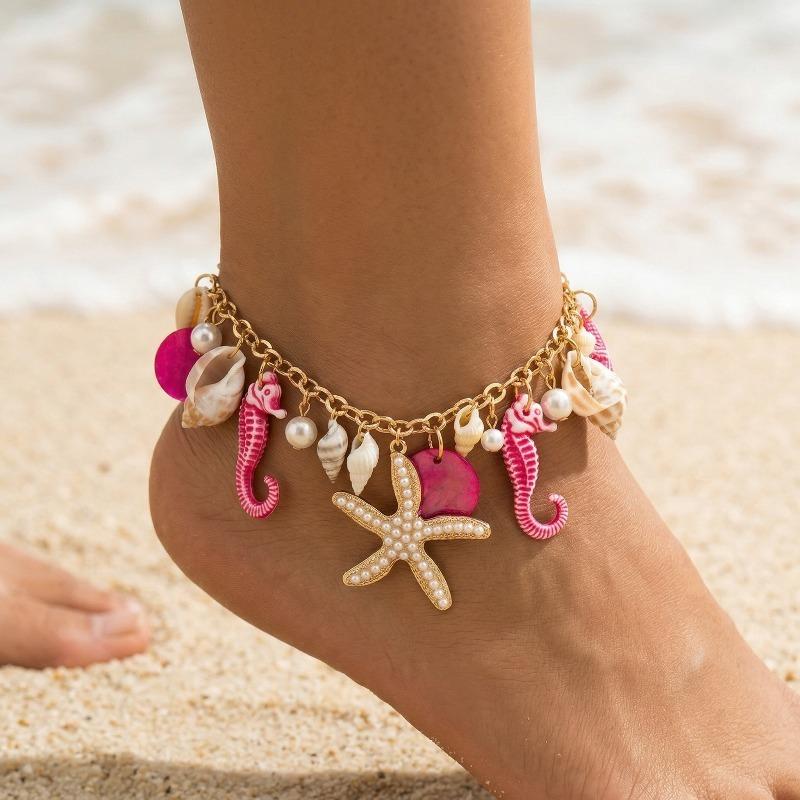 Boho Beach Anklet with Seahorse Starfish Shell Charms, Gold Chain Summer Foot Jewelry with Pearl Accents, Ocean Themed Ankle Bracelet for Women Vacation Gift
