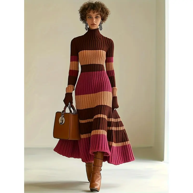 Women's Casual Turtleneck Mixed Color-Block Knit Sweater Dress, 2026 Stylish Striped Knitting Design