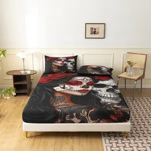 3Pcs Gothic Red Rose Sugar Skull Fitted Sheet Set, Tattoo Woman & Skull Bed Sheet, Deep Pocket Fitted Sheet & Mattress Protector, For Family Dormitory Hotel Bedding Thick Mattress ( No Pillow)