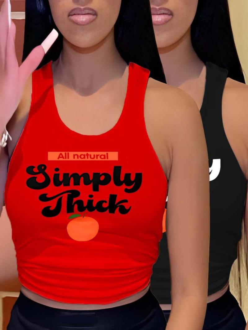 Women's Letter & Fruit Print Tank Top, Summer Clothes Women, Casual Sleeveless Tanktop for Summer, Women's Clothing for Outdoor Daily Wear, Summer Top, Sleeveless Basic Tanks, Tank Tops Workout, Womenswear